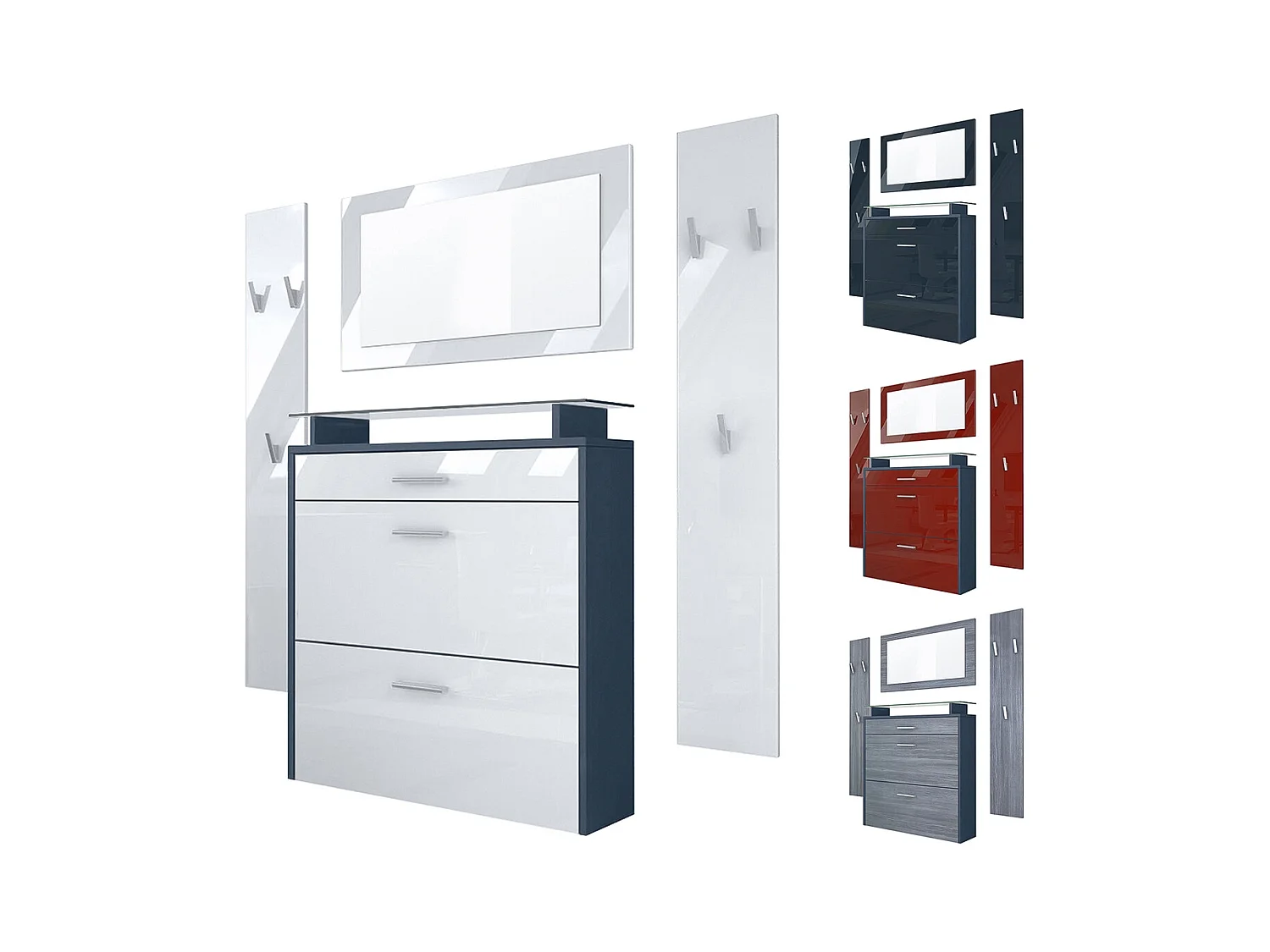 Penderie Malea, Meuble d’entrée comprenant 1 commode à chaussures murale, 1 miroir mural et 2 panneaux porte-manteaux, Anthracite mat/Blanc haute brillance