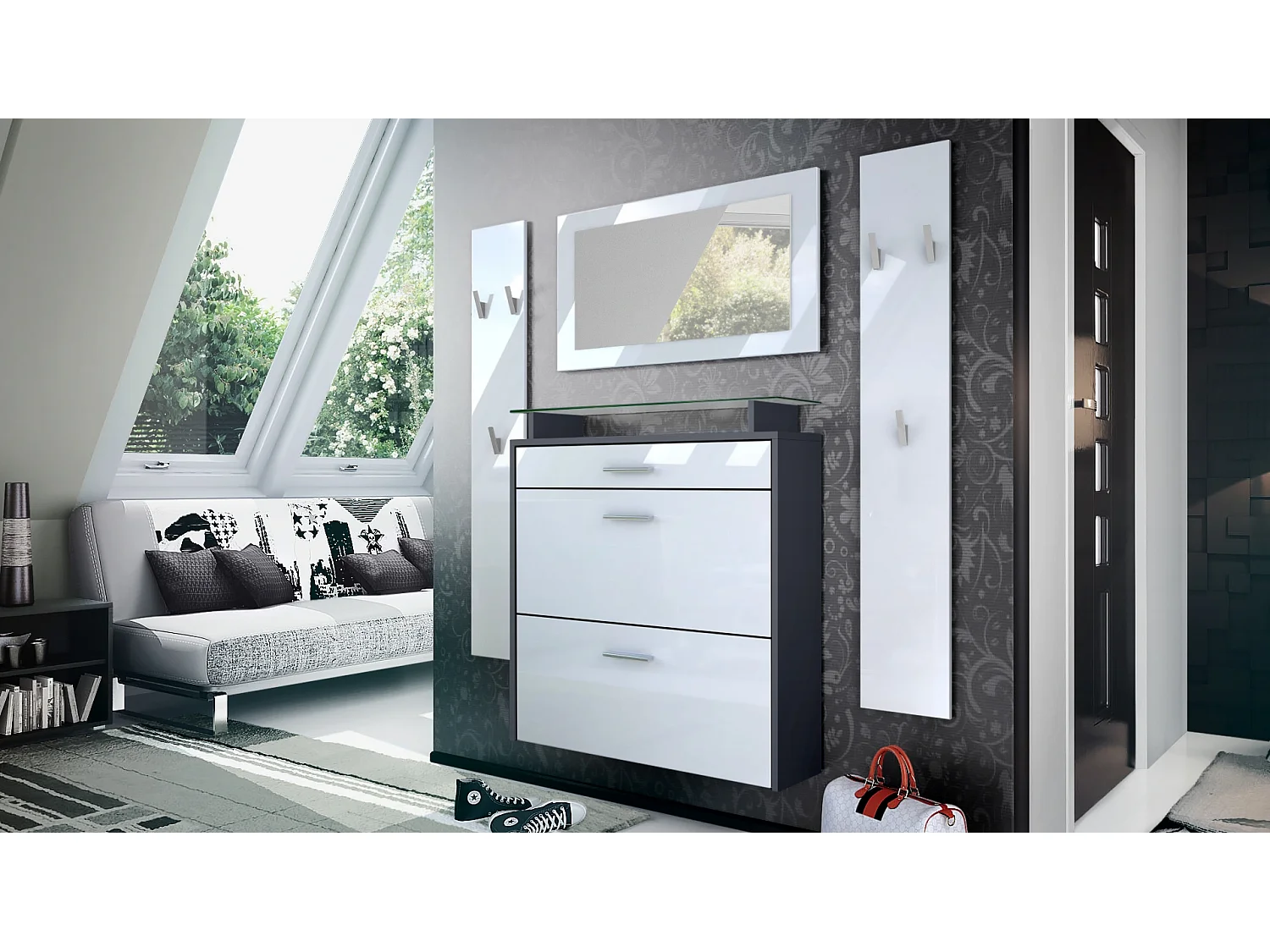 Penderie Malea, Meuble d’entrée comprenant 1 commode à chaussures murale, 1 miroir mural et 2 panneaux porte-manteaux, Anthracite mat/Blanc haute brillance