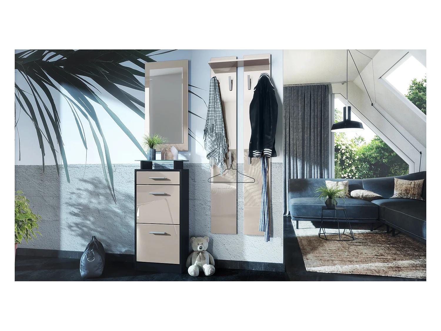Ensemble de meubles d'entrée Loret V2 Mini, Corps en Noir mat / Façades en Gris sable haute brillance