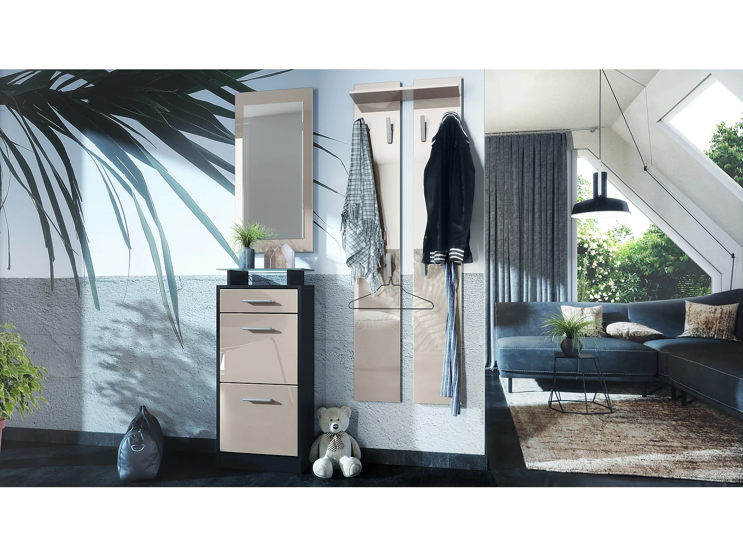 Ensemble de meubles d'entrée Loret V2 Mini, Corps en Noir mat / Façades en Gris sable haute brillance