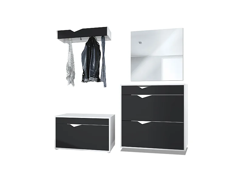 Ensemble Vestiaire Kolmio 190 x 185 x 33 cm portemanteau de couloir, caisson en blanc mat, façades en Noir mat | Grand choix de couleurs