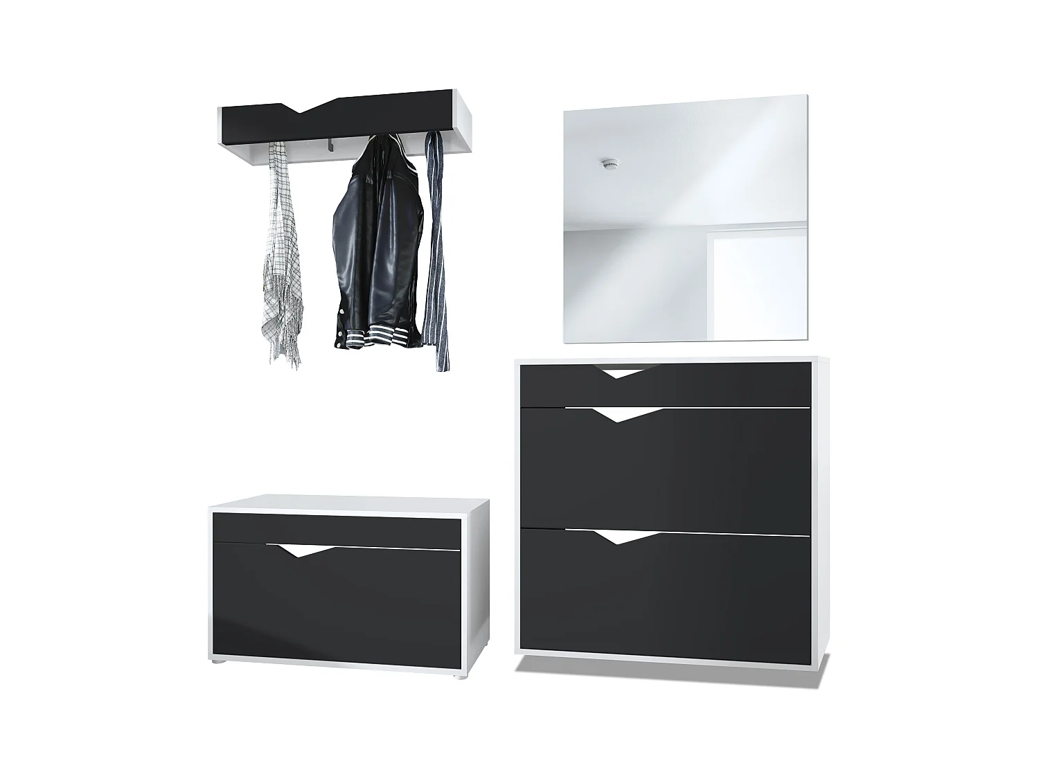 Ensemble Vestiaire Kolmio 190 x 185 x 33 cm portemanteau de couloir, caisson en blanc mat, façades en Noir mat | Grand choix de couleurs