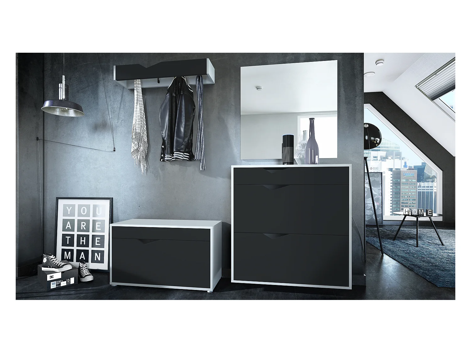 Ensemble Vestiaire Kolmio 190 x 185 x 33 cm portemanteau de couloir, caisson en blanc mat, façades en Noir mat | Grand choix de couleurs