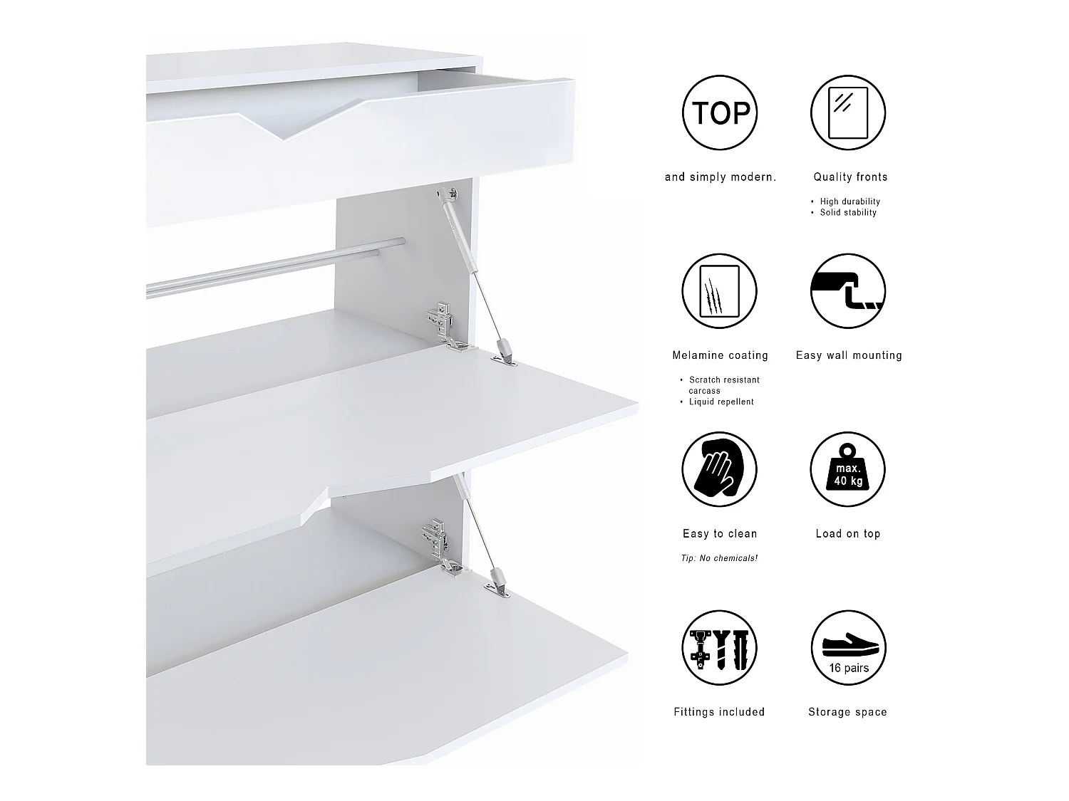 Ensemble Vestiaire Kolmio 190 x 185 x 33 cm portemanteau de couloir, caisson en blanc mat, façades en Noir mat | Grand choix de couleurs