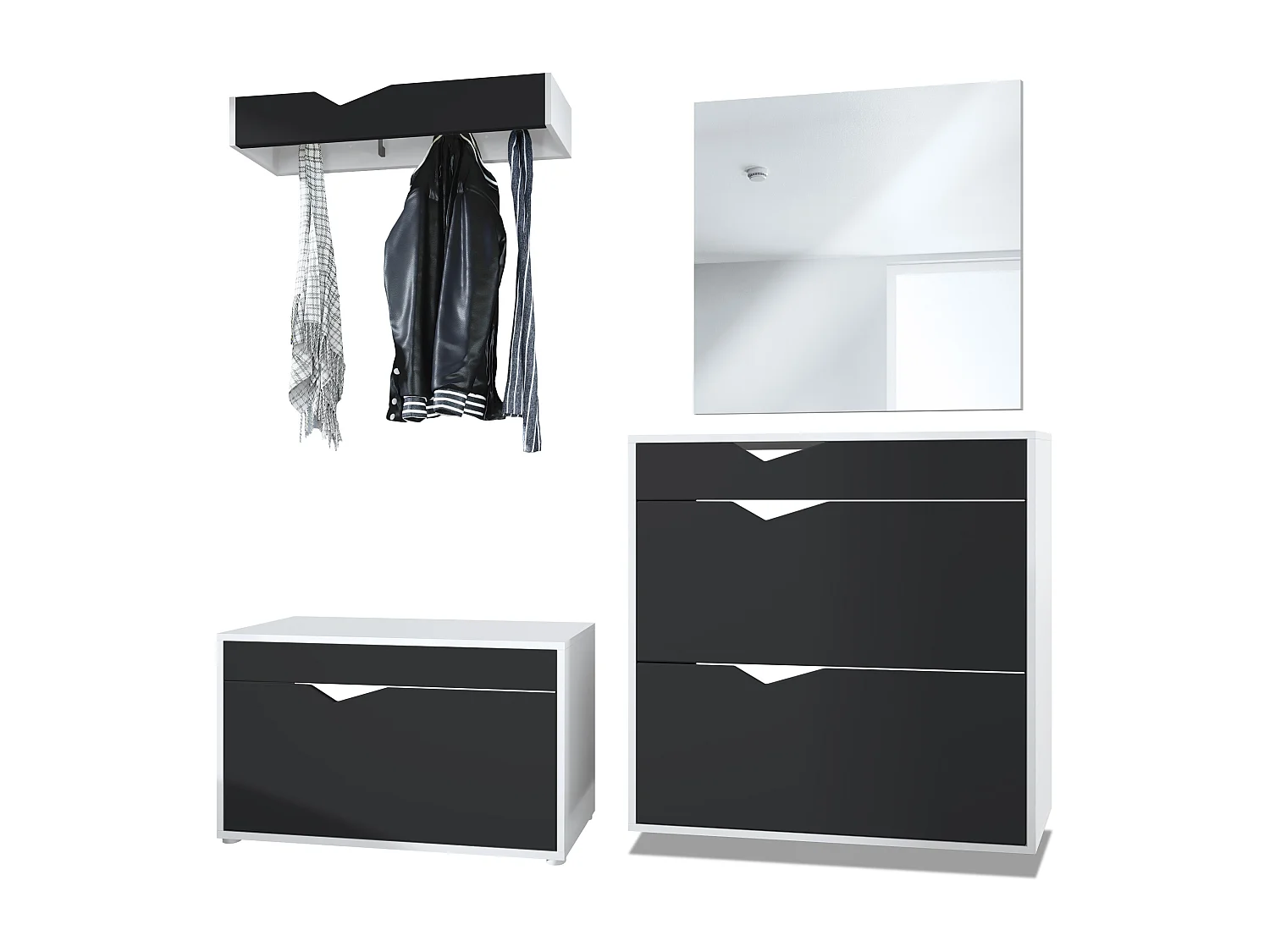 Ensemble Vestiaire Kolmio 190 x 185 x 33 cm portemanteau de couloir, caisson en blanc mat, façades en Noir mat | Grand choix de couleurs