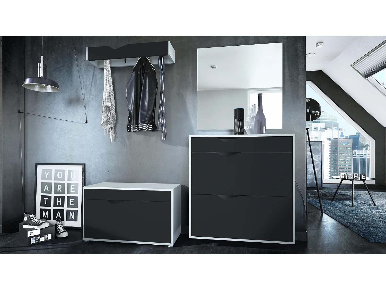 Ensemble Vestiaire Kolmio 190 x 185 x 33 cm portemanteau de couloir, caisson en blanc mat, façades en Noir mat | Grand choix de couleurs