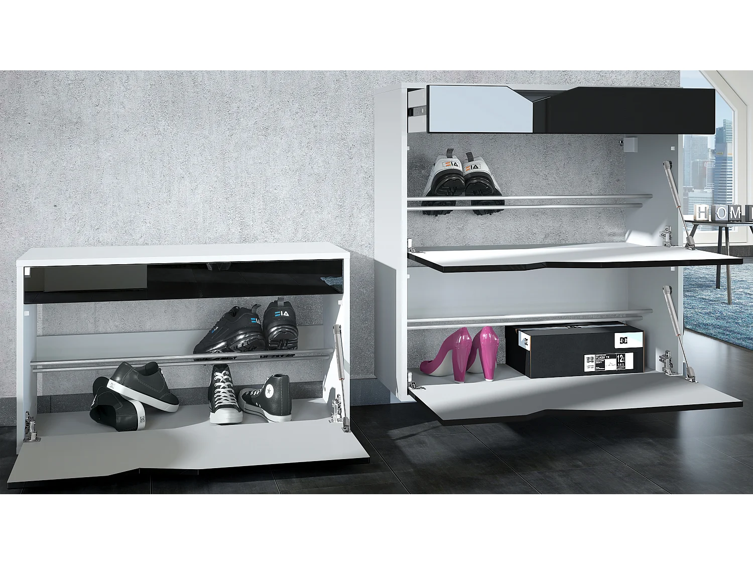 Ensemble Vestiaire Kolmio 190 x 185 x 33 cm portemanteau de couloir, caisson en blanc mat, façades en Noir mat | Grand choix de couleurs