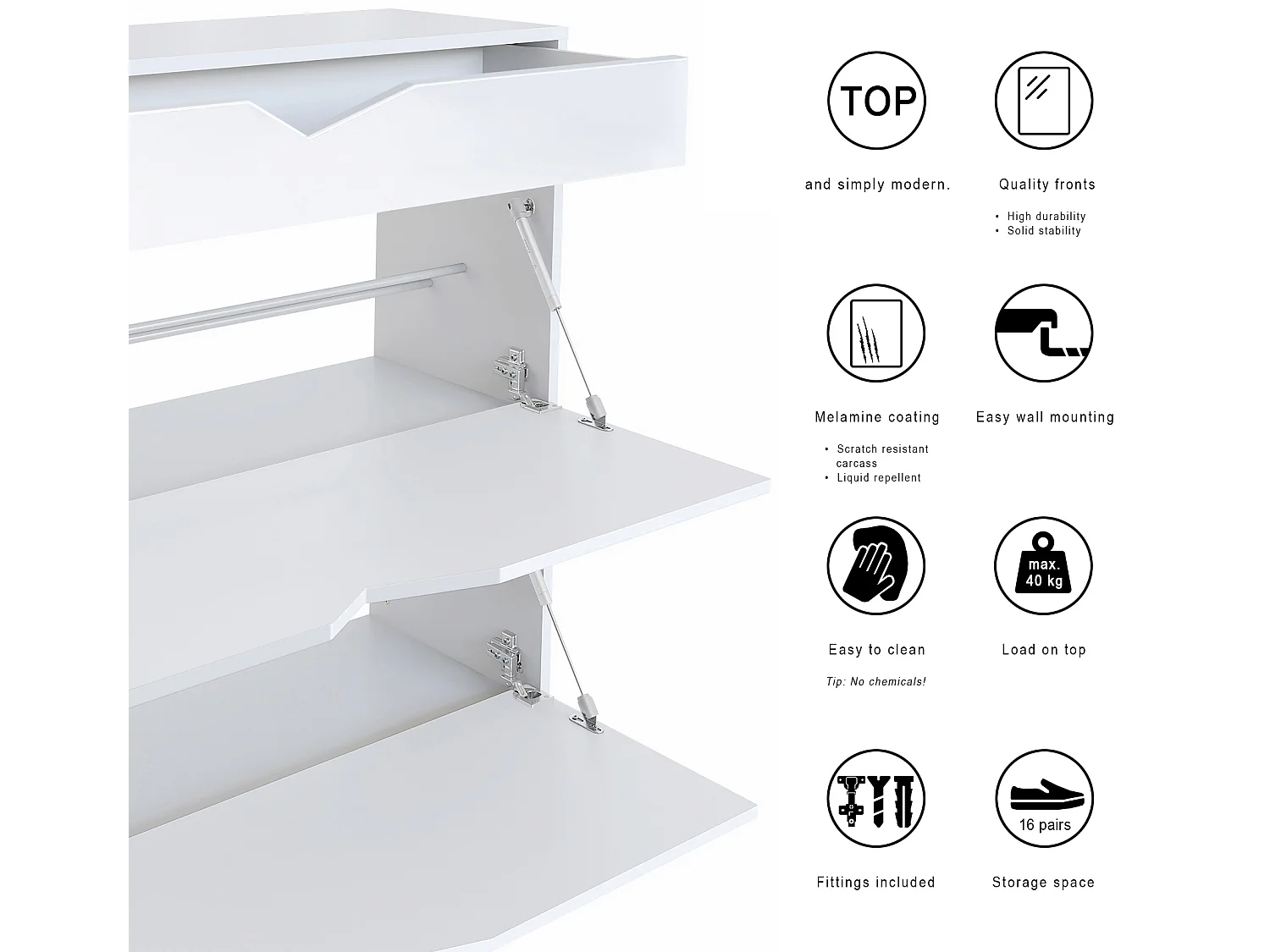 Ensemble Vestiaire Kolmio 190 x 185 x 33 cm portemanteau de couloir, caisson en blanc mat, façades en Noir mat | Grand choix de couleurs