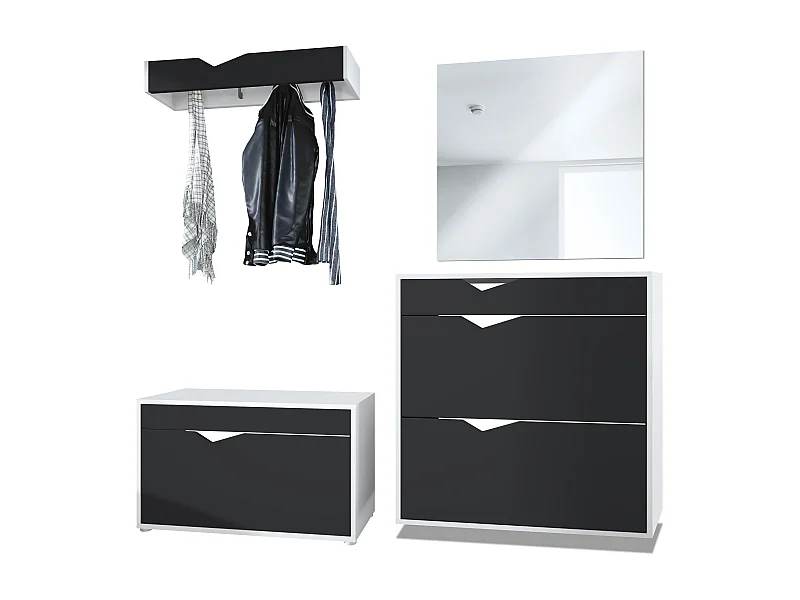 Ensemble Vestiaire Kolmio 190 x 185 x 33 cm portemanteau de couloir, caisson en blanc mat, façades en Noir mat | Grand choix de couleurs