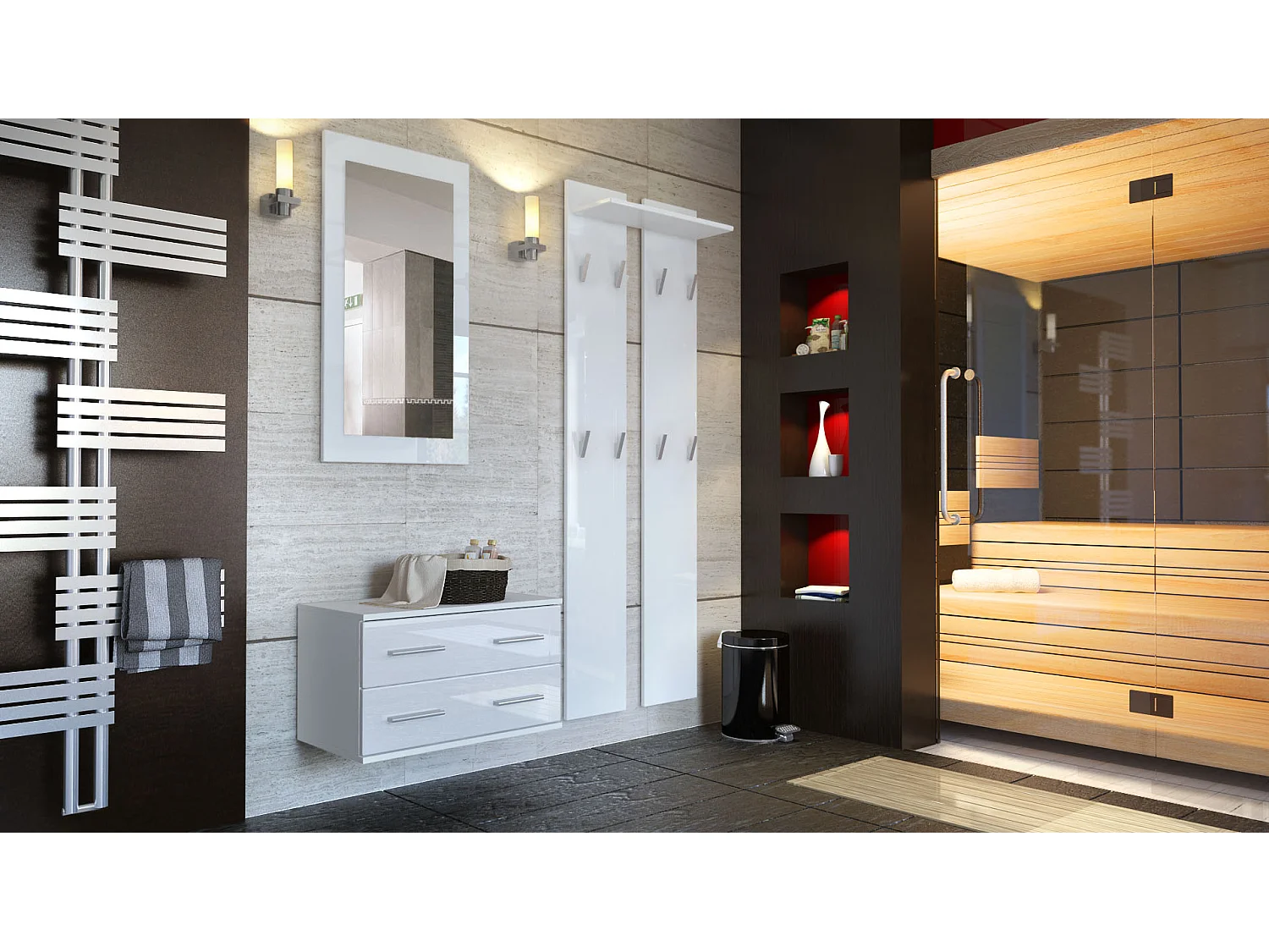 Ensemble de meubles d'entrée Kioto, Corps en Blanc mat / Façades en Blanc haute brillance