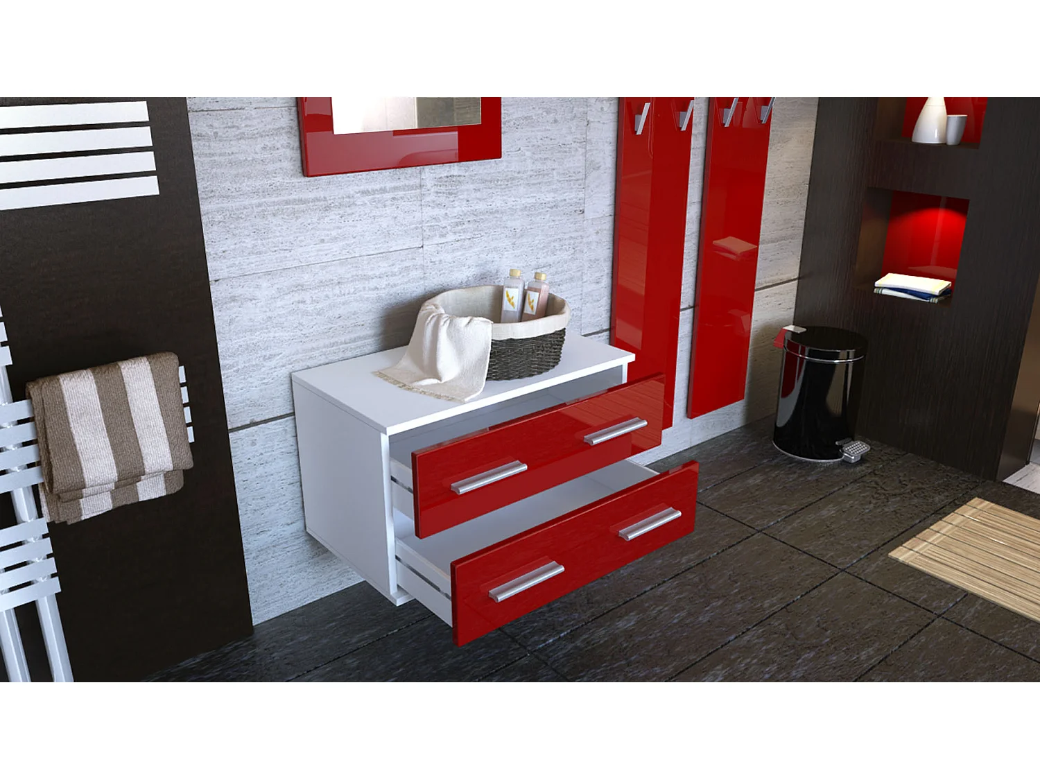 Ensemble de meubles d'entrée Kioto, Corps en Blanc mat / Façades en Blanc haute brillance