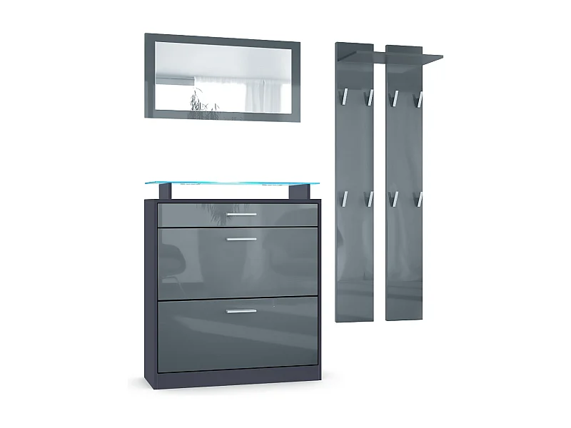 Loret Ensemble penderie, meuble à chaussures 89 x 104 x 23 cm avec miroir, 2 panneaux murales et éclairage LED Bleu, Anthracite mat & Gris haute brillance