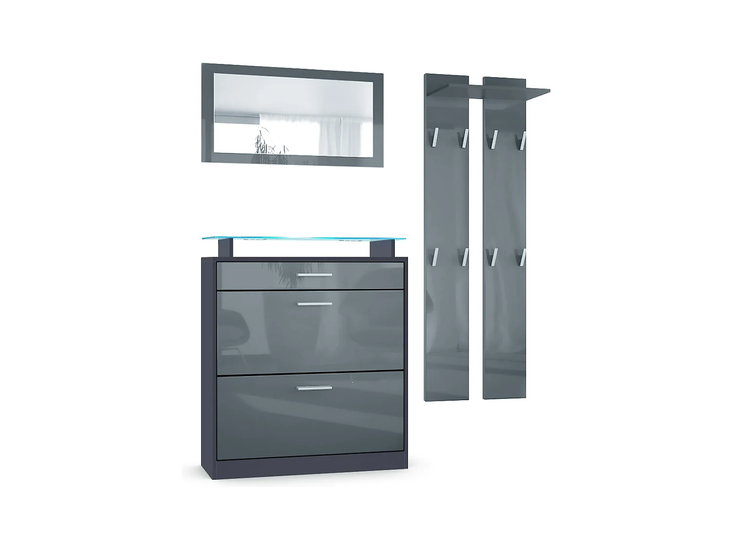 Loret Ensemble penderie, meuble à chaussures 89 x 104 x 23 cm avec miroir, 2 panneaux murales et éclairage LED Bleu, Anthracite mat & Gris haute brillance