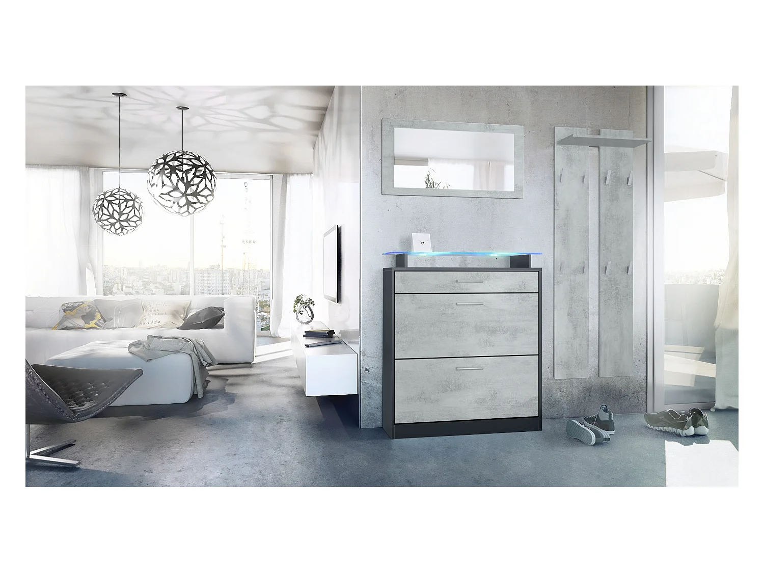 Loret Ensemble penderie, meuble à chaussures 89 x 104 x 23 cm avec miroir, 2 panneaux murales et éclairage LED Bleu, Anthracite mat & Aspect Béton Oxyde