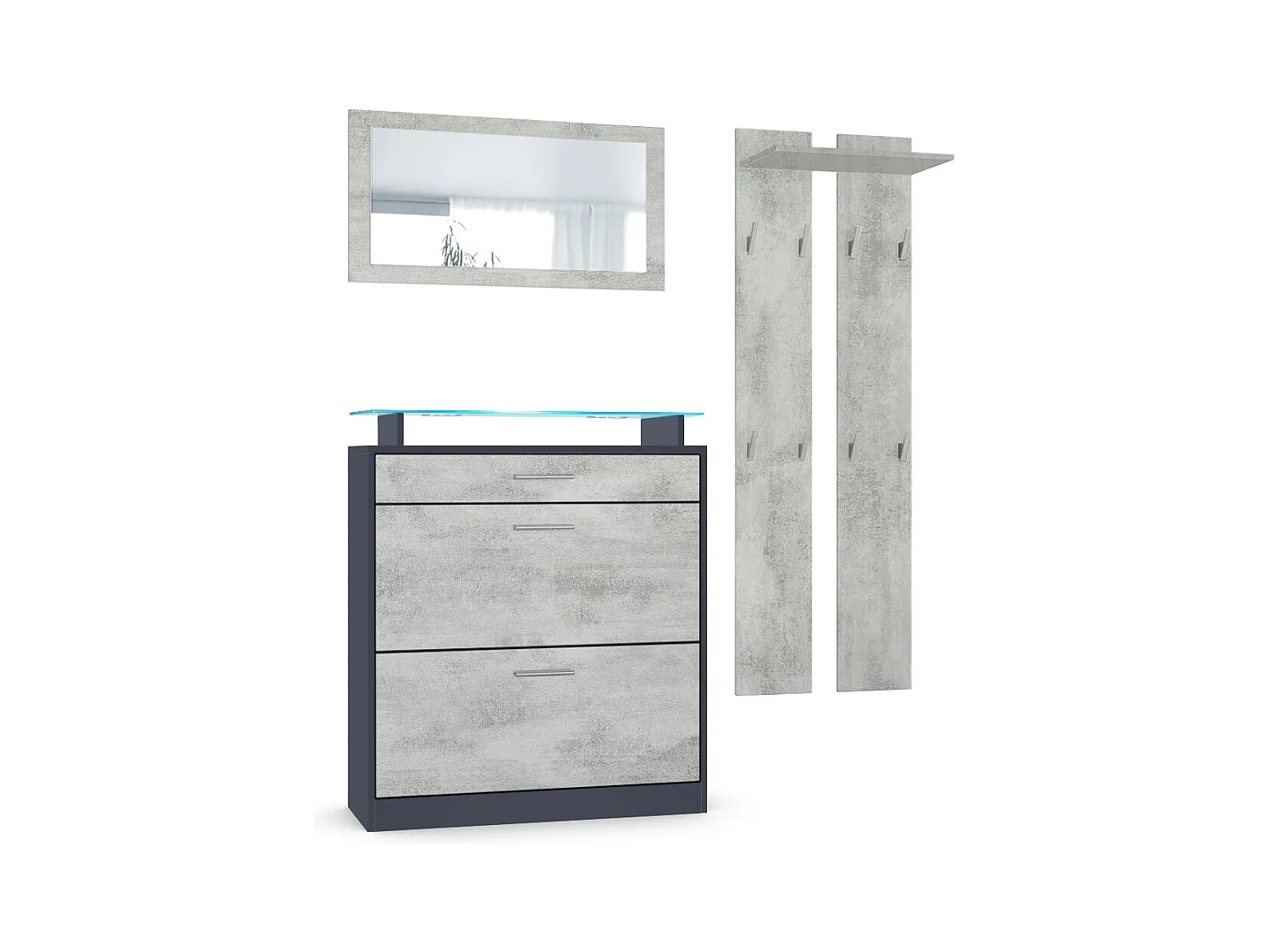 Loret Ensemble penderie, meuble à chaussures 89 x 104 x 23 cm avec miroir, 2 panneaux murales et éclairage LED Bleu, Anthracite mat & Aspect Béton Oxyde