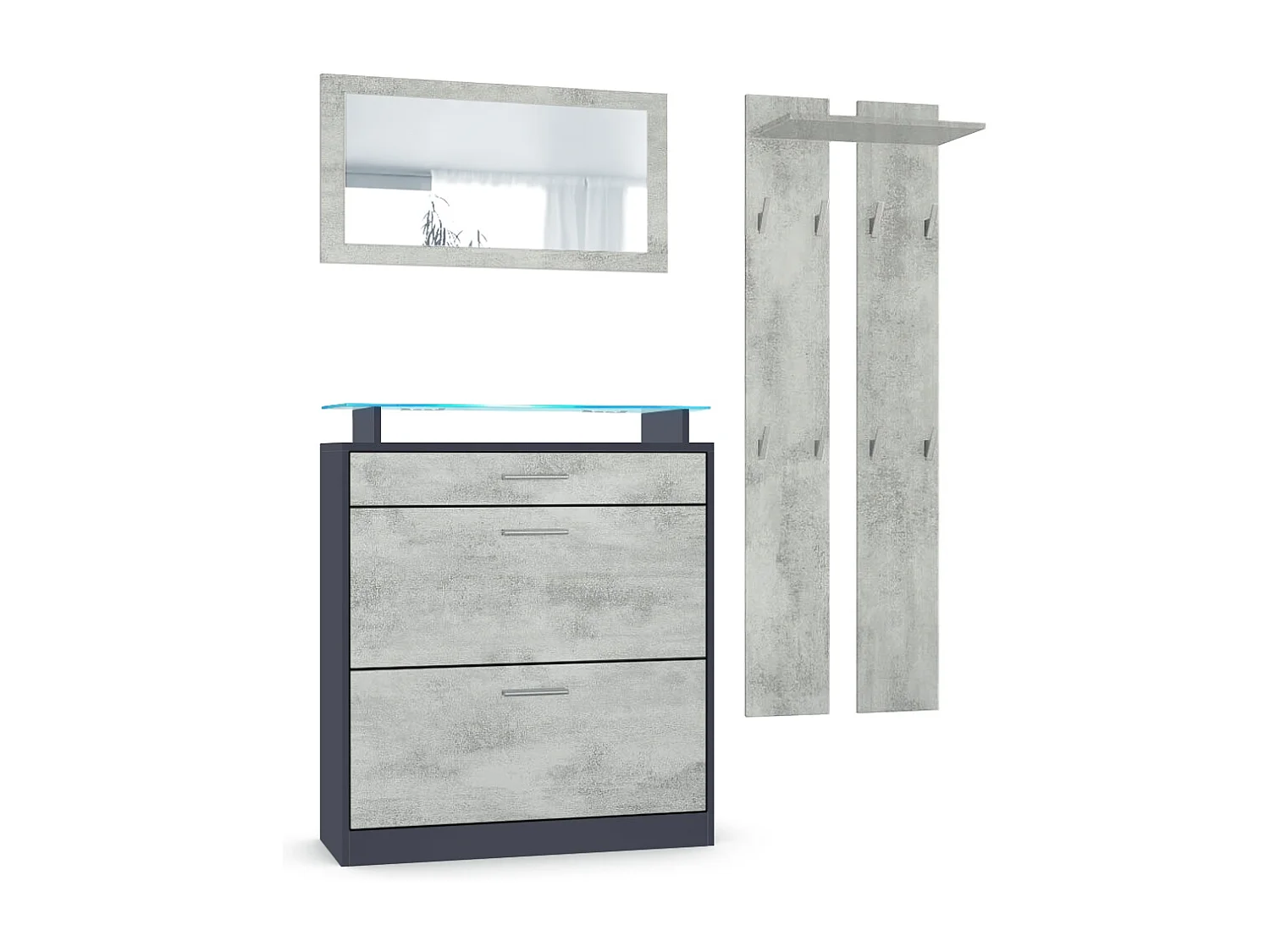 Loret Ensemble penderie, meuble à chaussures 89 x 104 x 23 cm avec miroir, 2 panneaux murales et éclairage LED Bleu, Anthracite mat & Aspect Béton Oxyde