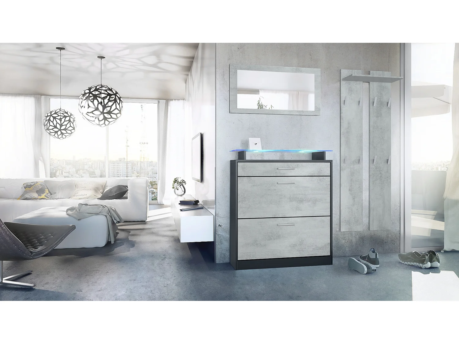 Loret Ensemble penderie, meuble à chaussures 89 x 104 x 23 cm avec miroir, 2 panneaux murales et éclairage LED Bleu, Anthracite mat & Aspect Béton Oxyde