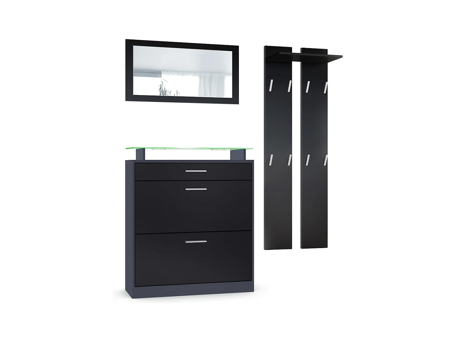 Loret Ensemble penderie, meuble à chaussures 89x104x23 cm avec miroir, 2 panneaux murales et éclairage LED en différentes couleurs, Anthracite mat & Noir mat