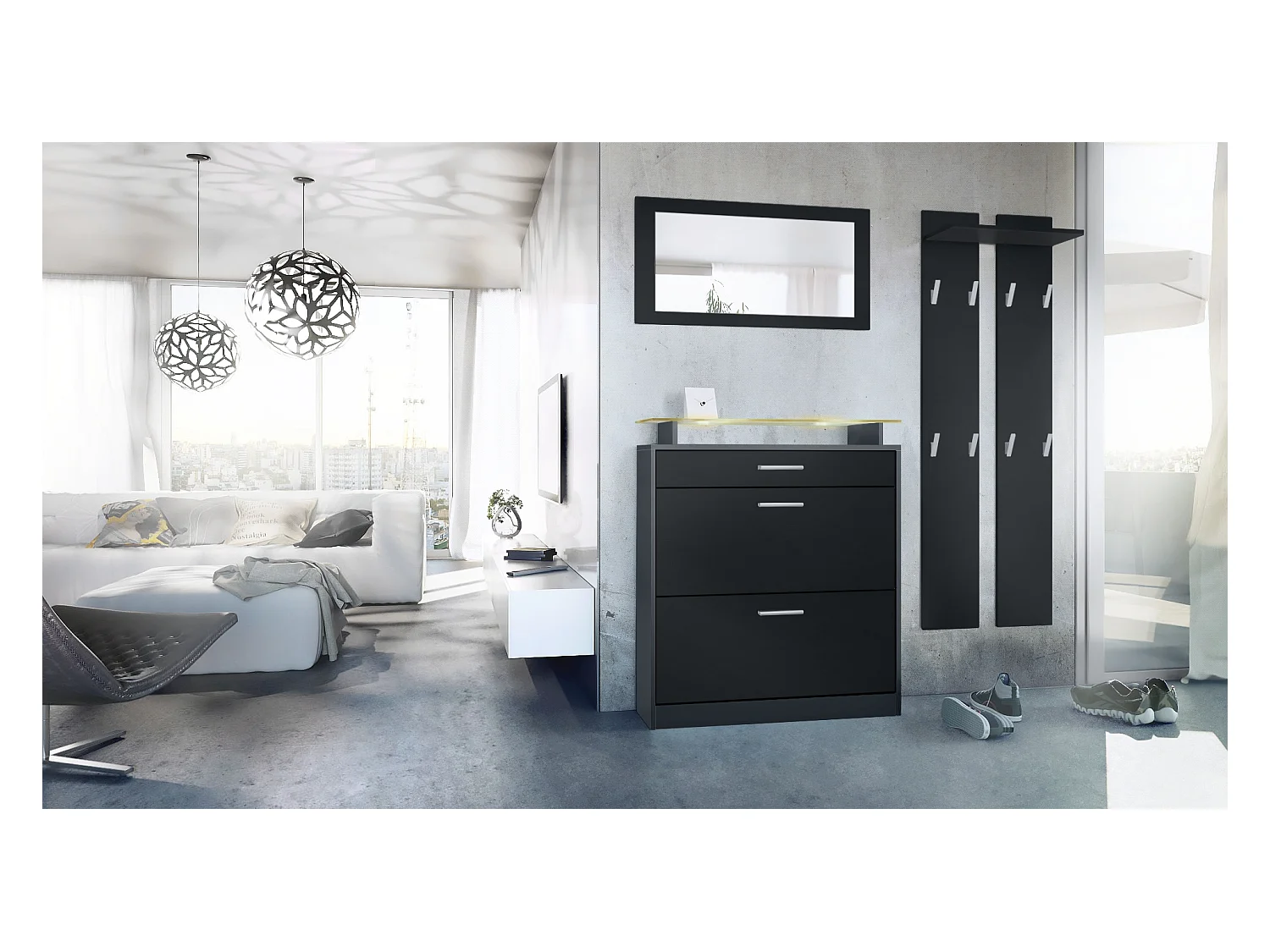 Loret Ensemble penderie, meuble à chaussures 89x104x23 cm avec miroir, 2 panneaux murales et éclairage LED en différentes couleurs, Anthracite mat & Noir mat