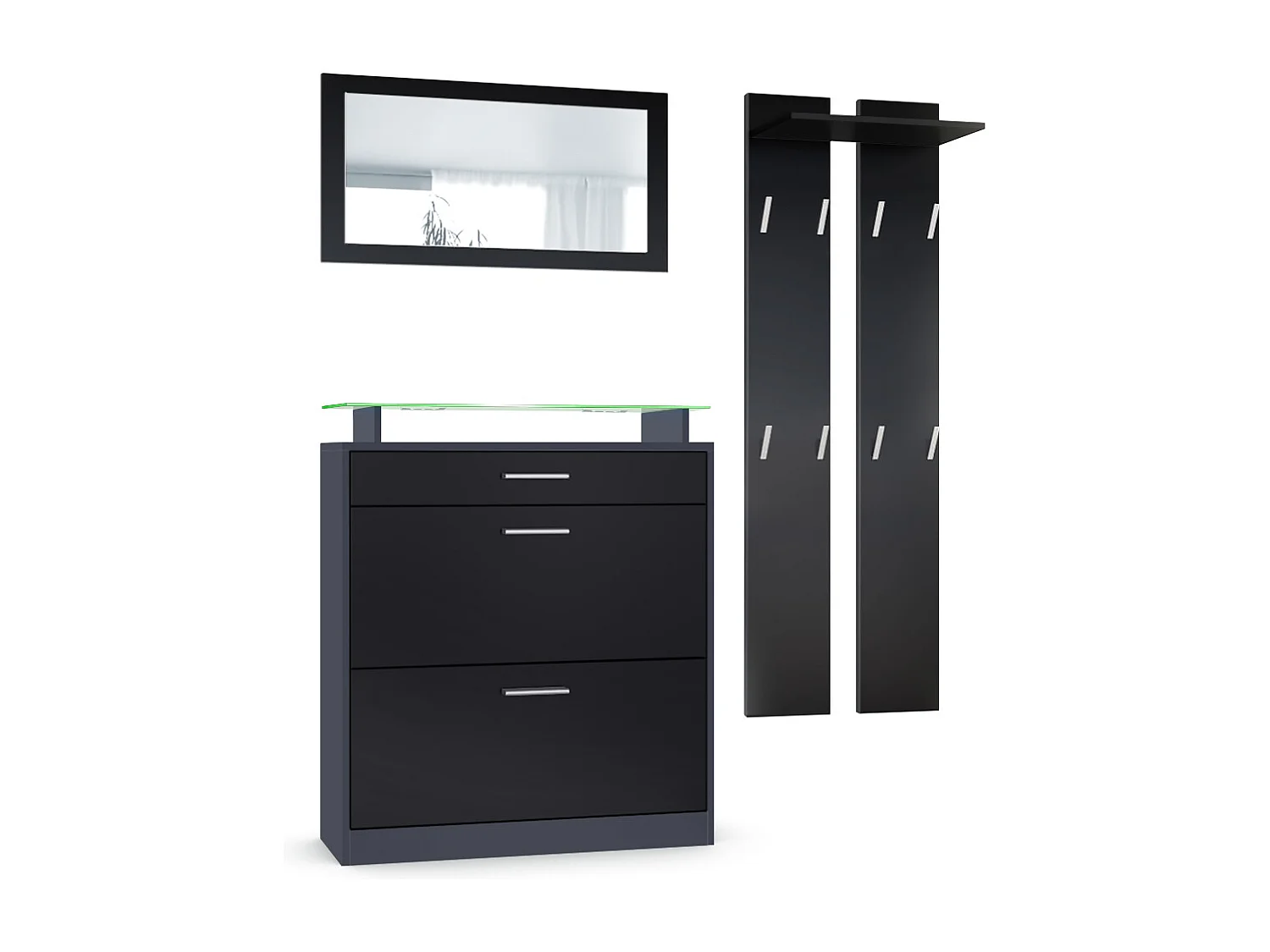Loret Ensemble penderie, meuble à chaussures 89x104x23 cm avec miroir, 2 panneaux murales et éclairage LED en différentes couleurs, Anthracite mat & Noir mat