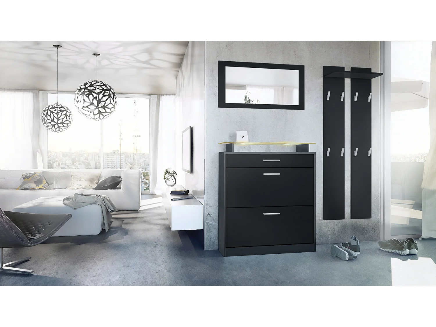 Loret Ensemble penderie, meuble à chaussures 89x104x23 cm avec miroir, 2 panneaux murales et éclairage LED en différentes couleurs, Anthracite mat & Noir mat