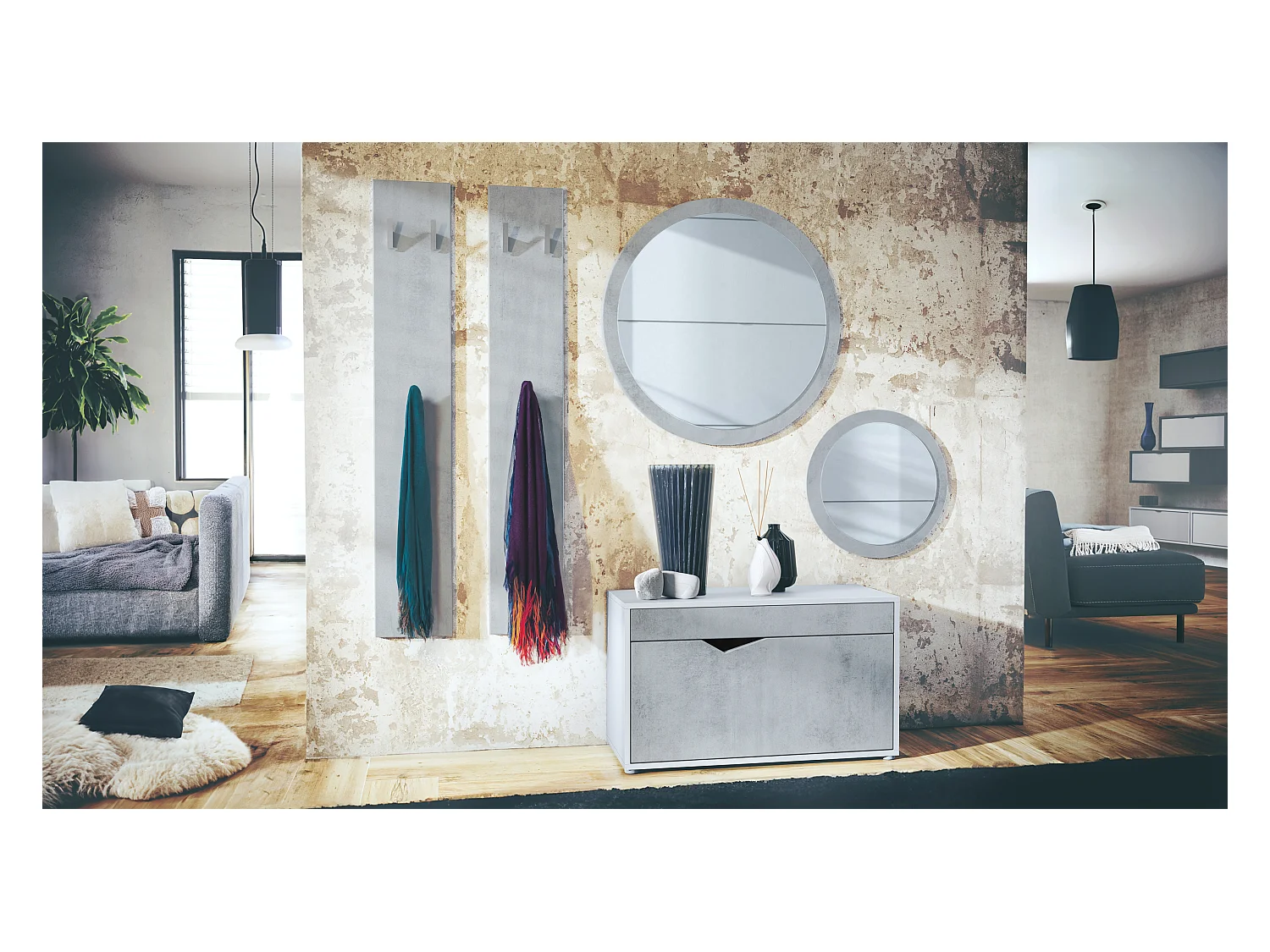 Ensemble de Dressing Espoo, Meuble d'Entrée avec Banc à Chaussures, 2 Panneaux Muraux et 2 Miroirs Muraux Ronds, blanc mat/aspect béton oxyde