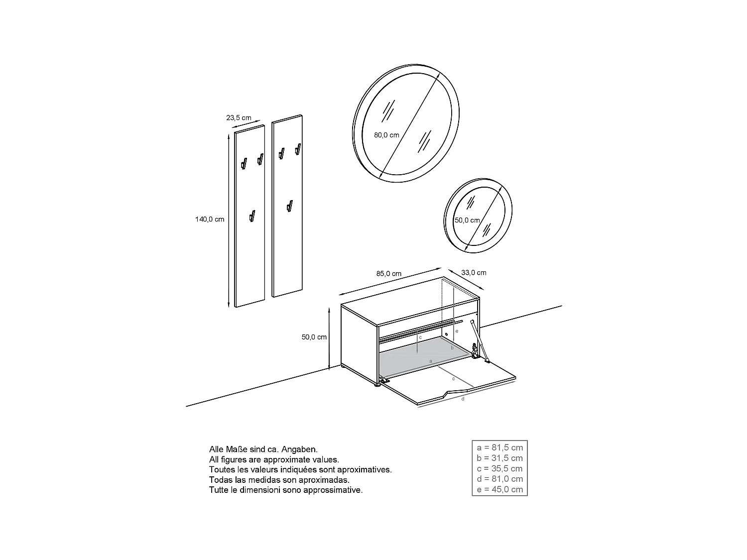 Ensemble de Dressing Espoo, Meuble d'Entrée avec Banc à Chaussures, 2 Panneaux Muraux et 2 Miroirs Muraux Ronds, blanc mat/aspect béton oxyde