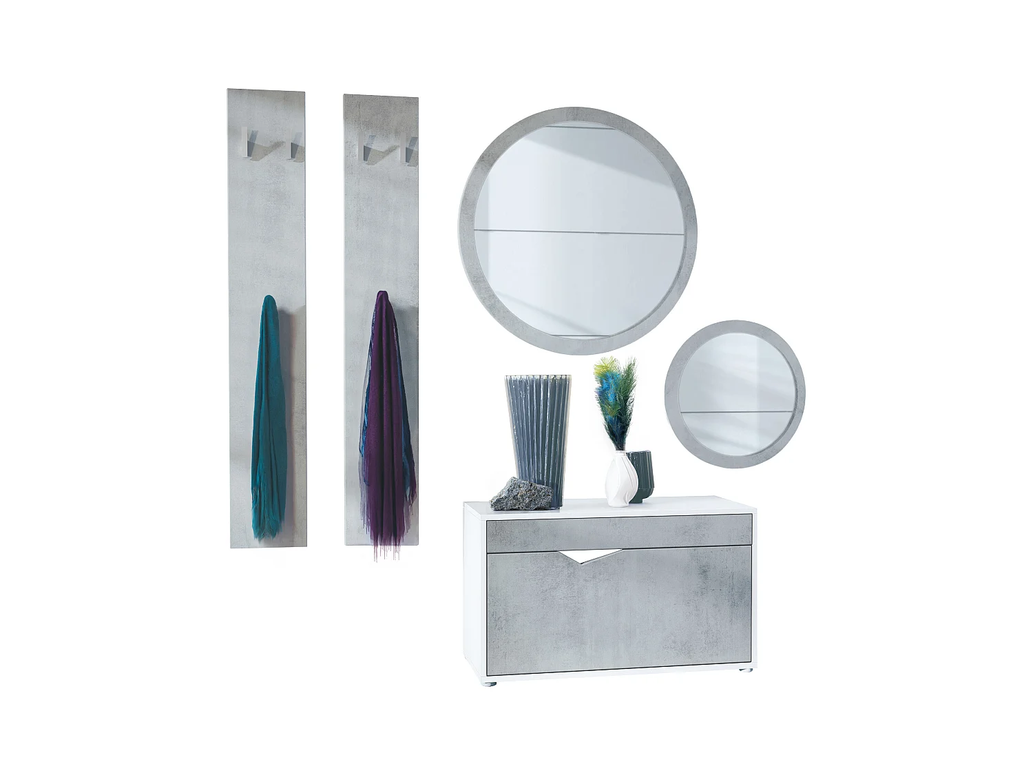 Ensemble de Dressing Espoo, Meuble d'Entrée avec Banc à Chaussures, 2 Panneaux Muraux et 2 Miroirs Muraux Ronds, blanc mat/aspect béton oxyde