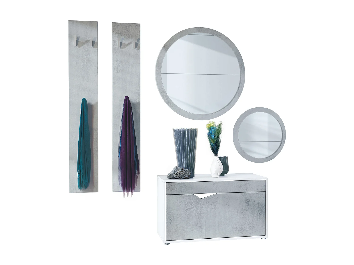 Ensemble de Dressing Espoo, Meuble d'Entrée avec Banc à Chaussures, 2 Panneaux Muraux et 2 Miroirs Muraux Ronds, blanc mat/aspect béton oxyde