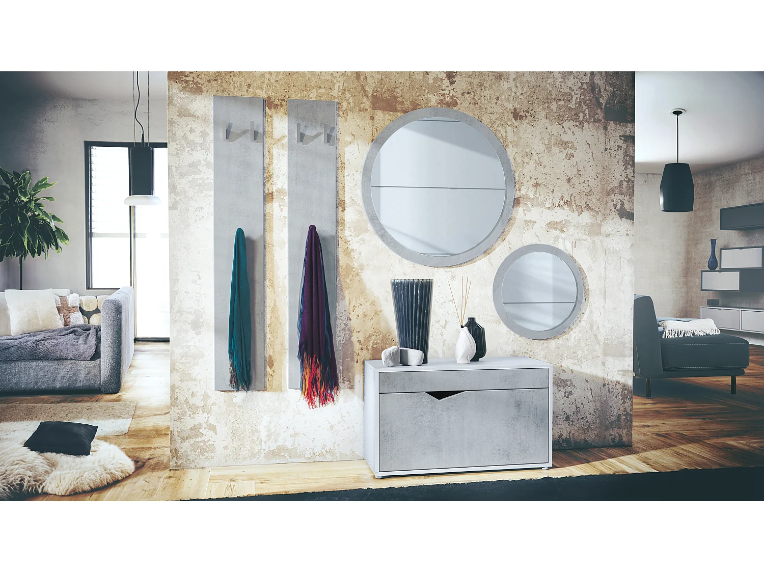 Ensemble de Dressing Espoo, Meuble d'Entrée avec Banc à Chaussures, 2 Panneaux Muraux et 2 Miroirs Muraux Ronds, blanc mat/aspect béton oxyde