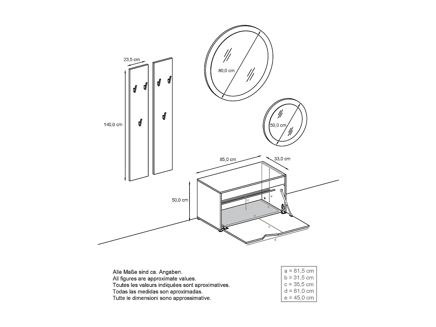 Ensemble de Dressing Espoo, Meuble d'Entrée avec Banc à Chaussures, 2 Panneaux Muraux et 2 Miroirs Muraux Ronds, blanc mat/aspect béton oxyde