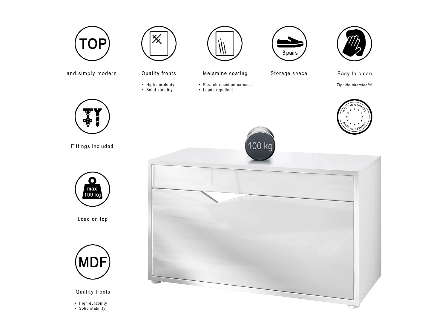 Ensemble de Dressing Espoo, Meuble d'Entrée avec Banc à Chaussures, 2 Panneaux Muraux et 2 Miroirs Muraux Ronds, blanc mat/aspect béton oxyde