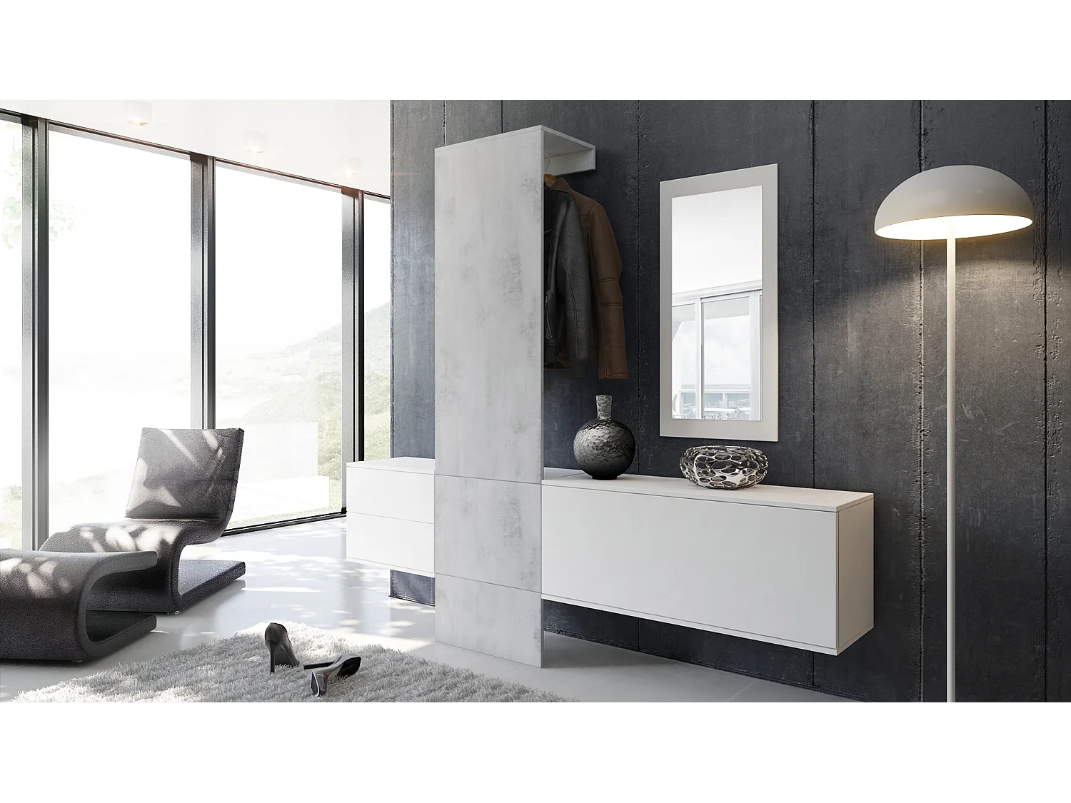 Vestiaire Garderobe Carlton Set 1, Corps en Blanc mat / Panneau portemanteau en aspect béton oxyde