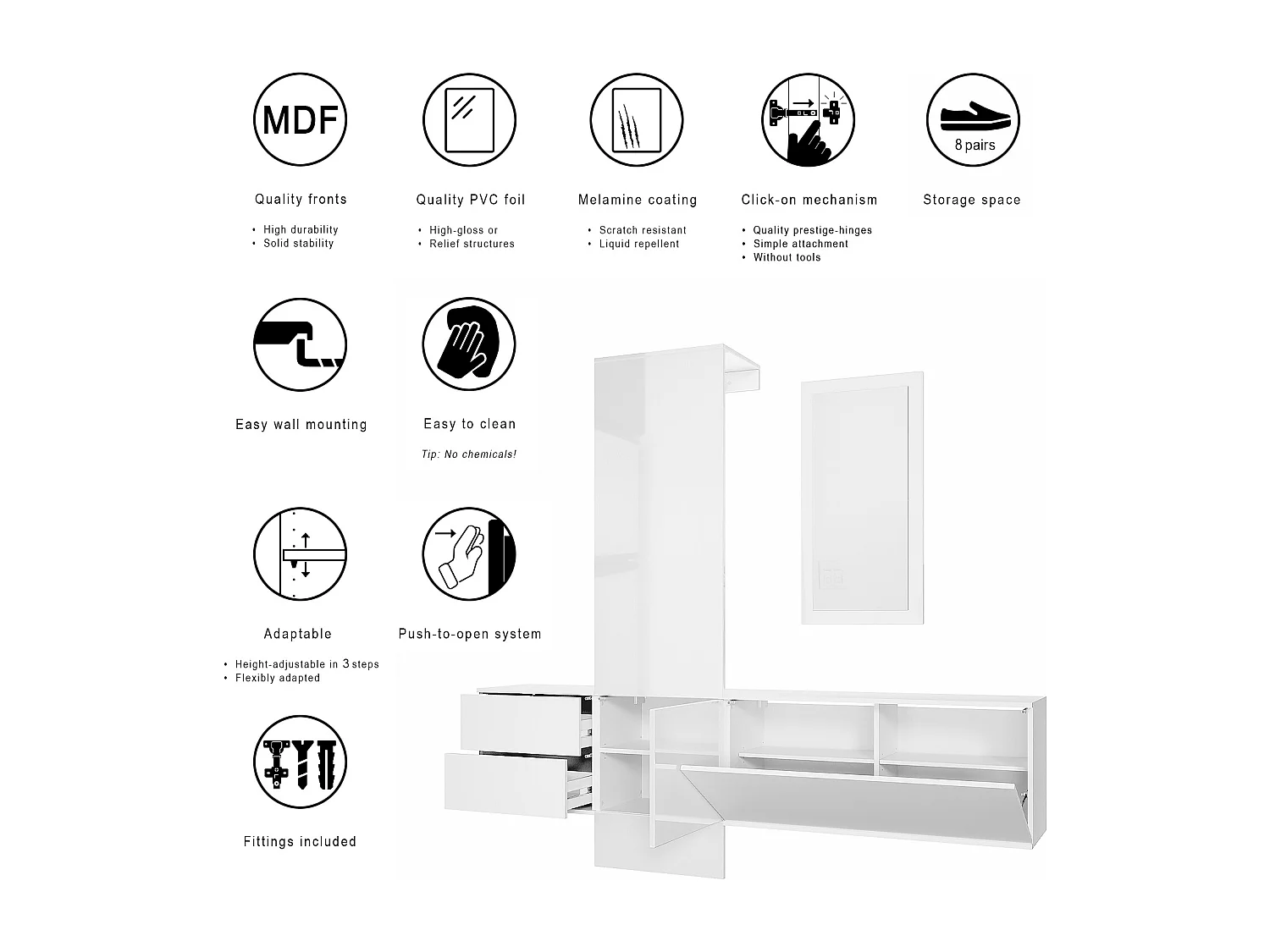 Vestiaire Garderobe Carlton Set 1, Corps en Blanc mat / Panneau portemanteau en aspect béton oxyde