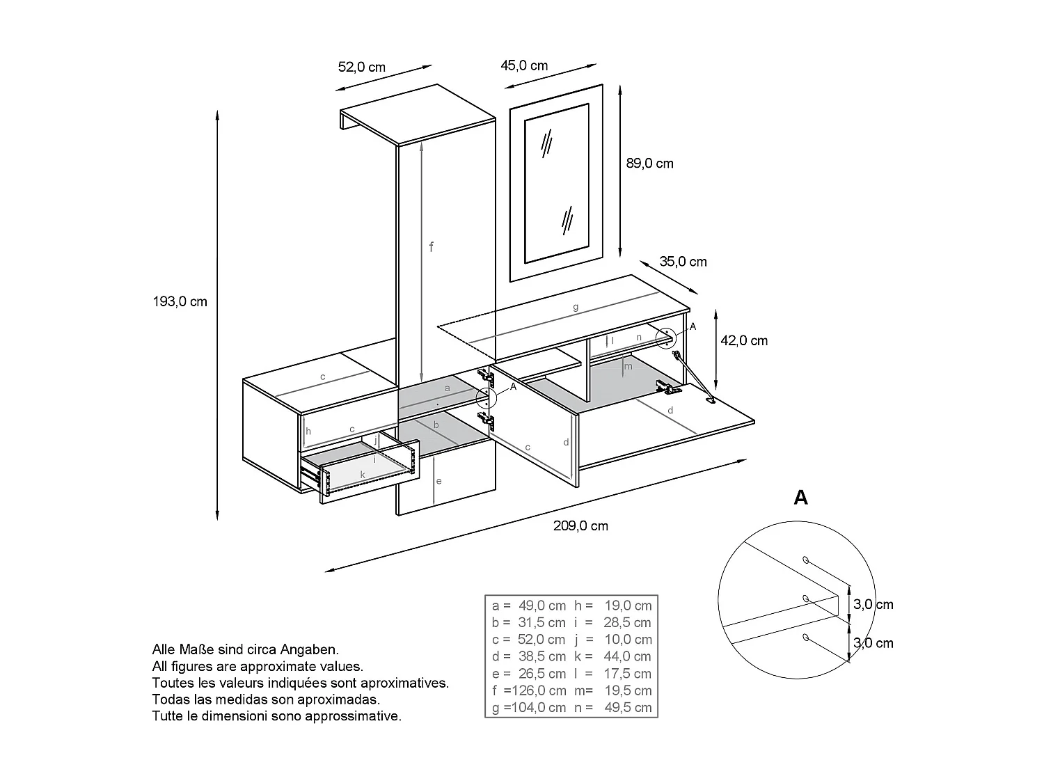 Vestiaire Garderobe Carlton Set 1, Corps en Blanc mat / Panneau portemanteau en aspect béton oxyde