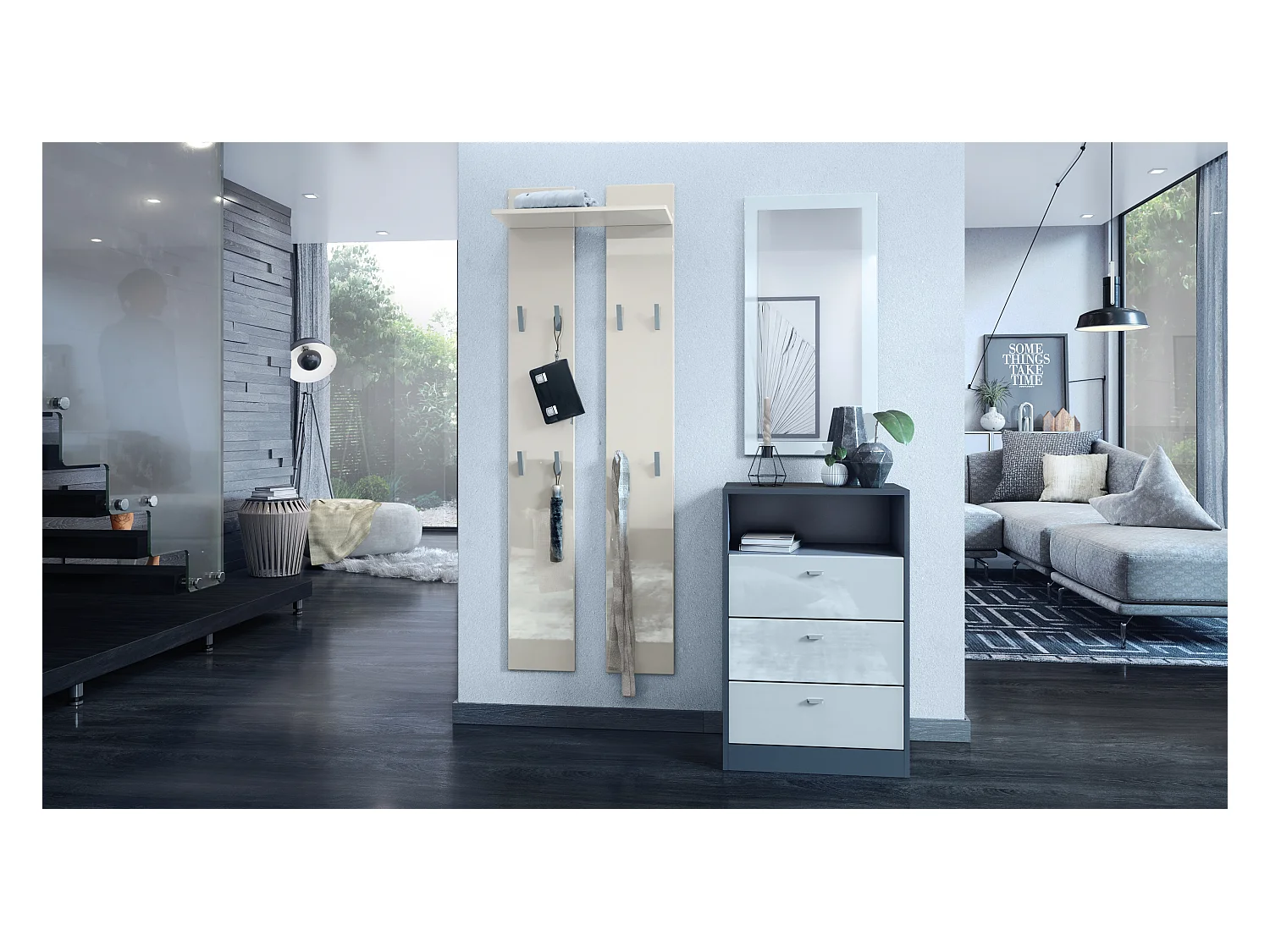 Panneau mural 170, Meuble porte-manteau composé de 2 panneaux et 1 étagère, crème haute brillance (57 x 170 x 20 cm)