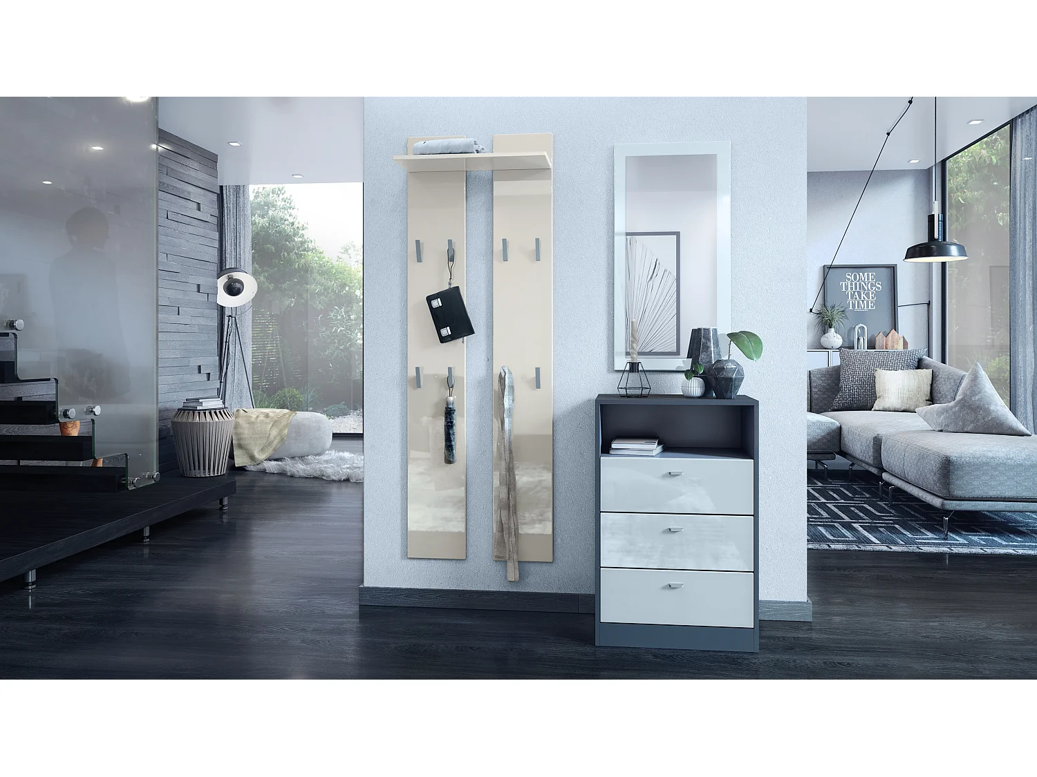 Panneau mural 170, Meuble porte-manteau composé de 2 panneaux et 1 étagère, crème haute brillance (57 x 170 x 20 cm)