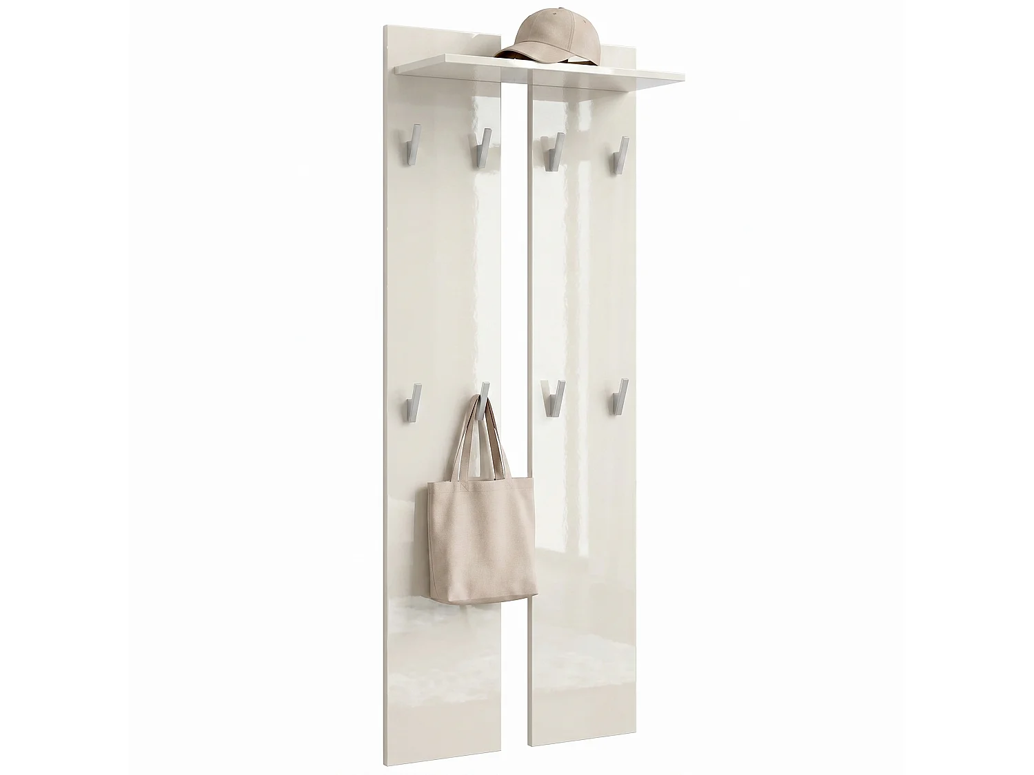 Pannello da parete 170, Pannello appendiabiti con 2 pannelli e 1 ripiano, beige lucido (57 x 170 x 20 cm)