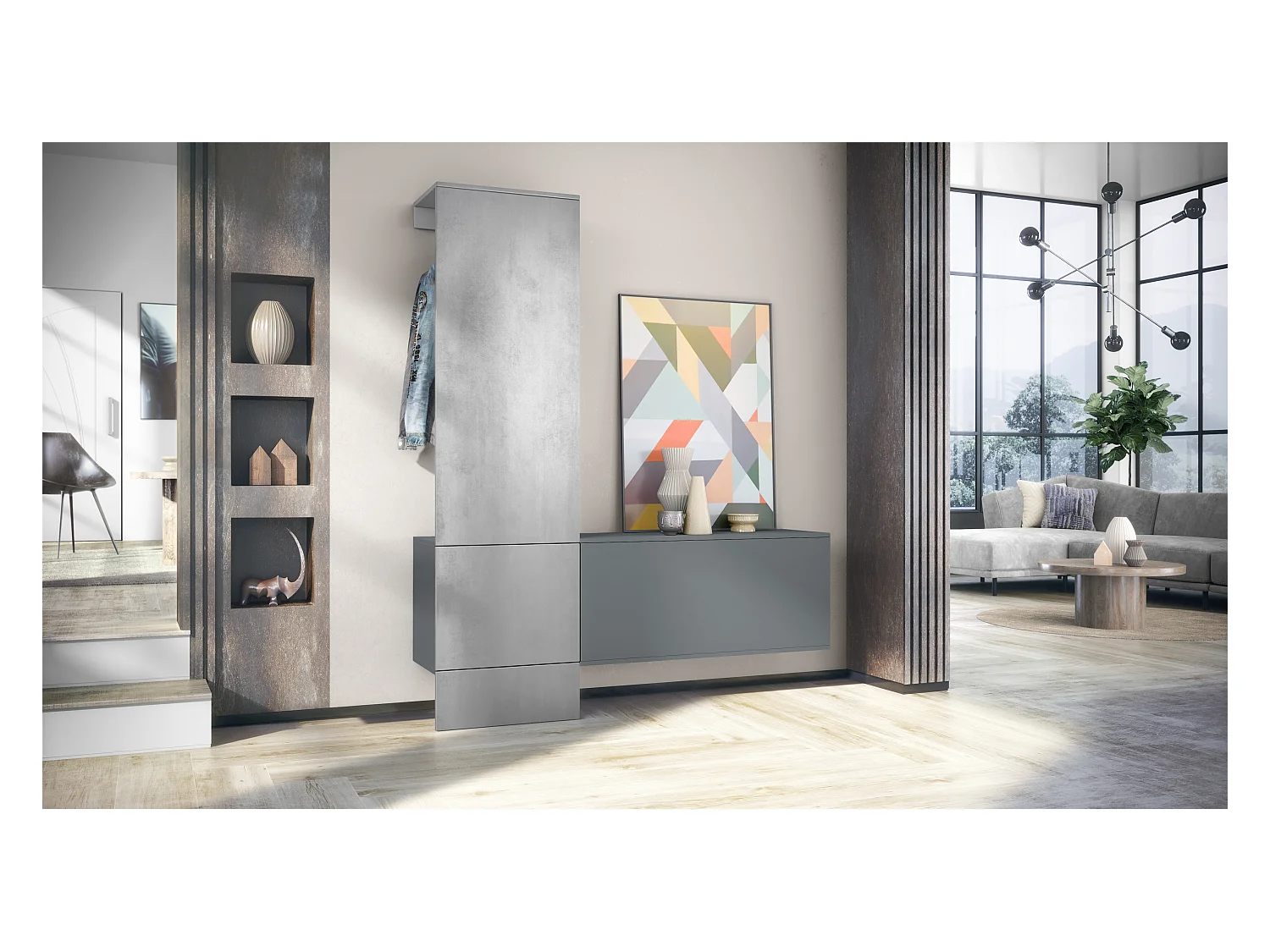 Penderie Carlton Set 4, Meuble d’entrée comprenant 1 panneau porte-manteaux, 1 module de commode, anthracite mat/aspect béton oxyde (156,5 x 193 x 35 cm)