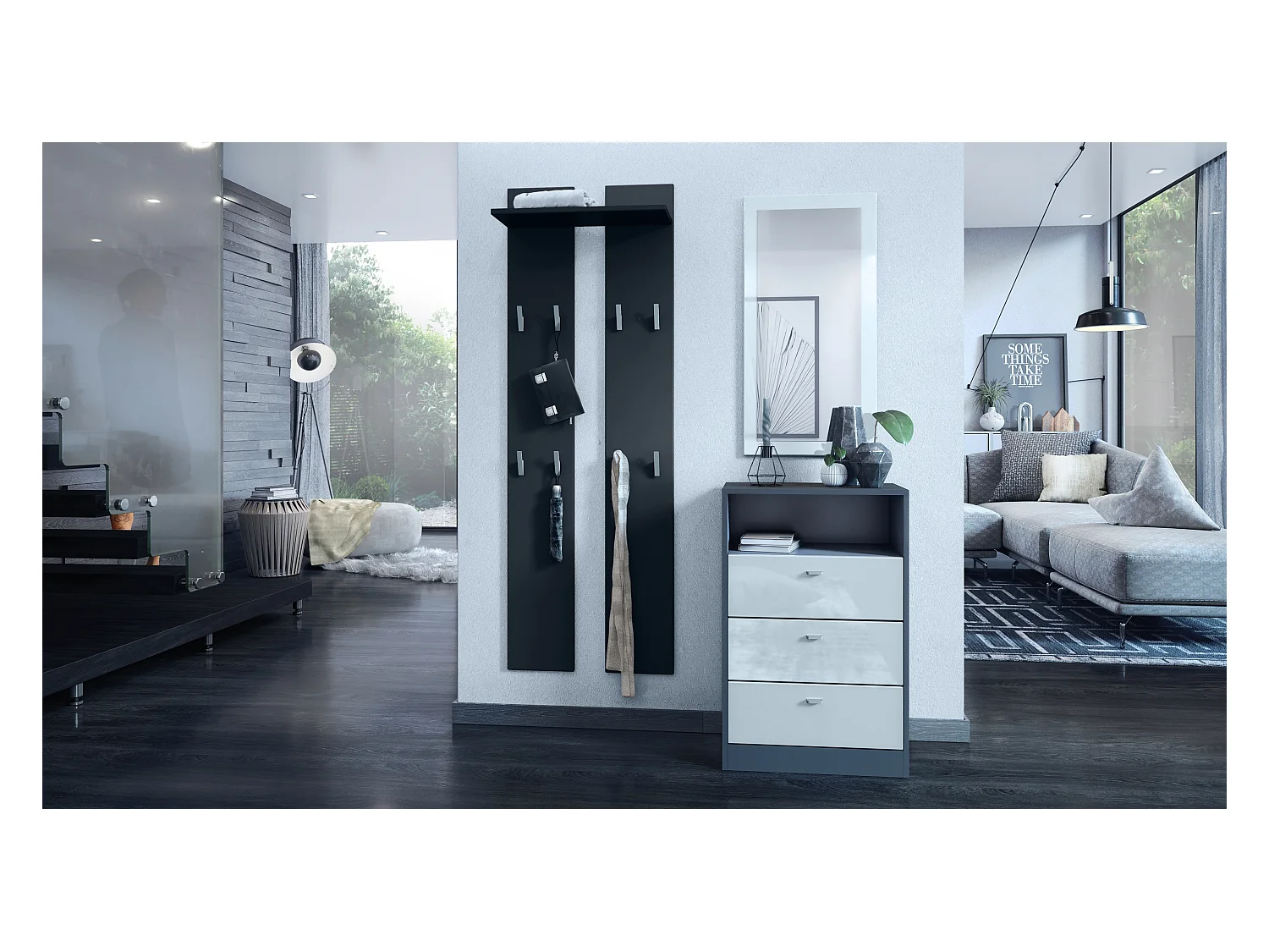 Perchero de pared 170, Perchero compuesto por 2 Paneles y 1 Superficie de almacenamiento, negro mate (57 x 170 x 20 cm)