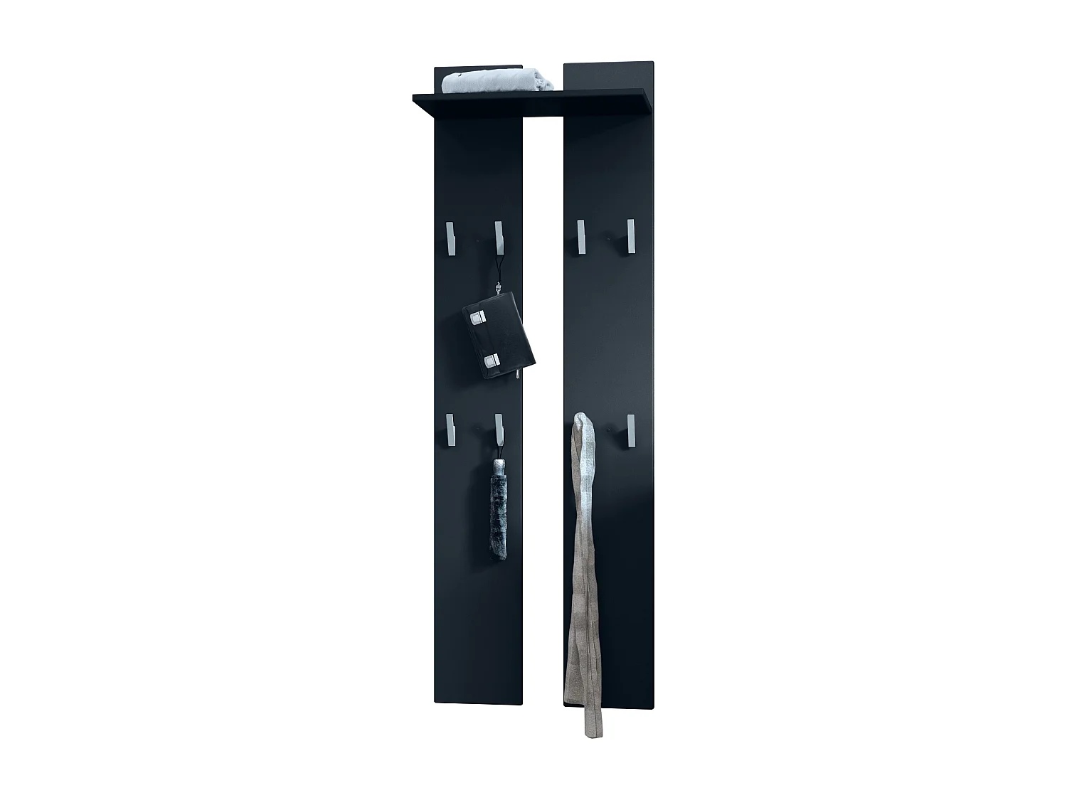 Panneau mural 170, Meuble porte-manteau composé de 2 panneaux et 1 étagère, noir mat (57 x 170 x 20 cm)