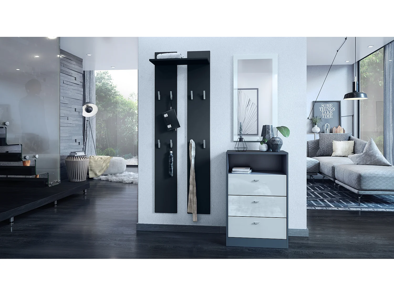 Panneau mural 170, Meuble porte-manteau composé de 2 panneaux et 1 étagère, noir mat (57 x 170 x 20 cm)