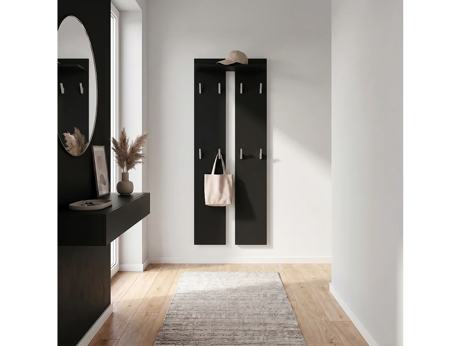 Panneau mural 170, Meuble porte-manteau composé de 2 panneaux et 1 étagère, noir mat (57 x 170 x 20 cm)