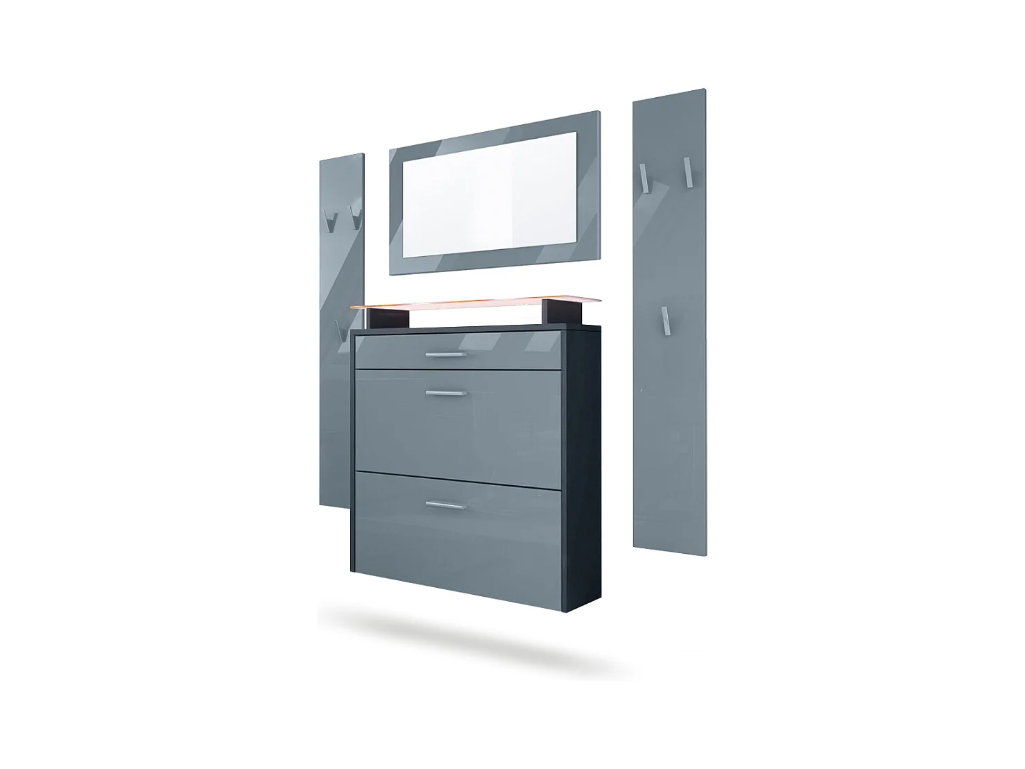 Penderie Malea, Meuble d’entrée comprenant 1 commode à chaussures murale, 1 miroir et 2 panneaux porte-manteaux, Anthracite mat/Gris brillant, LED RVB inclus