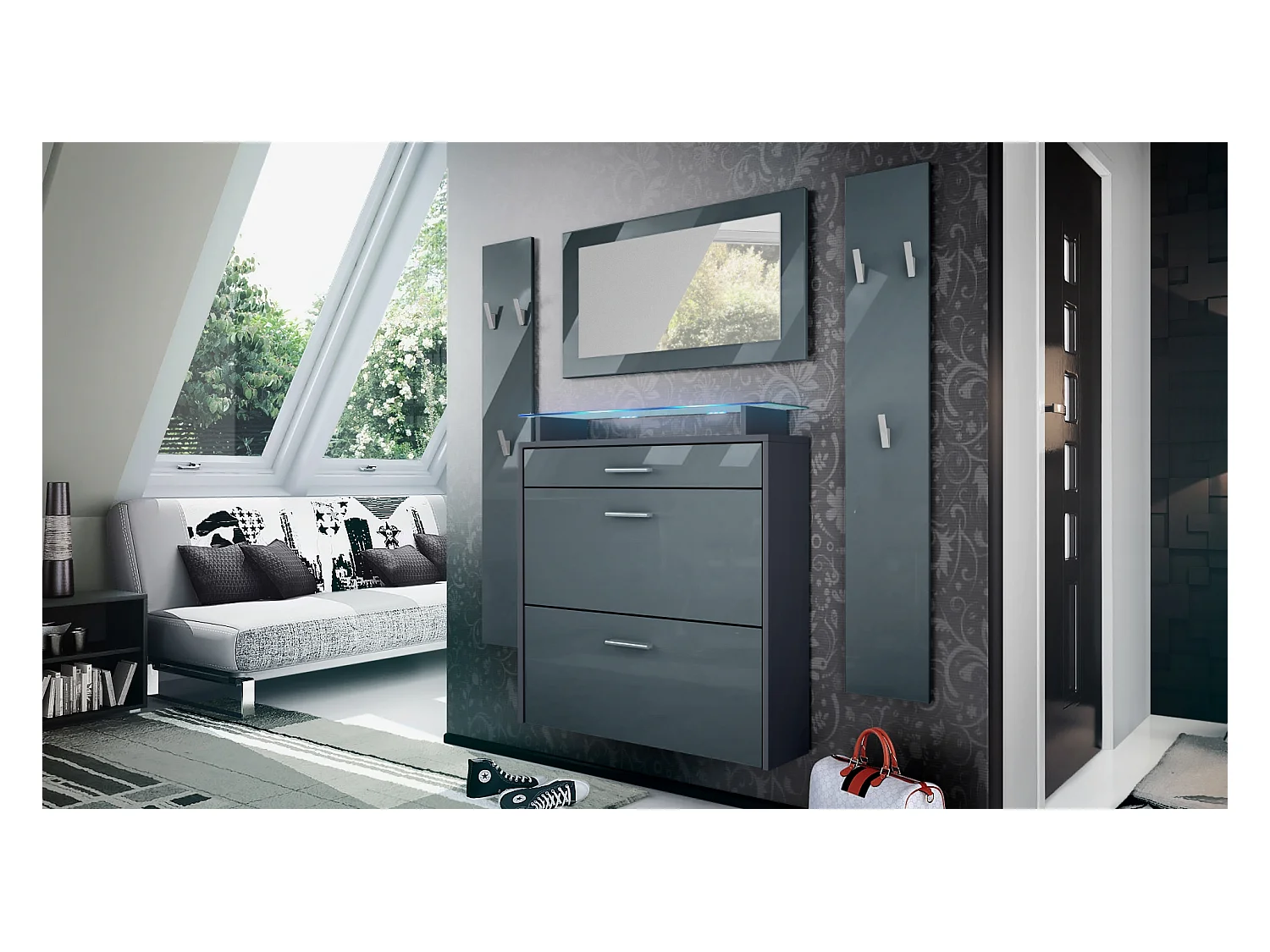 Penderie Malea, Meuble d’entrée comprenant 1 commode à chaussures murale, 1 miroir et 2 panneaux porte-manteaux, Anthracite mat/Gris brillant, LED RVB inclus