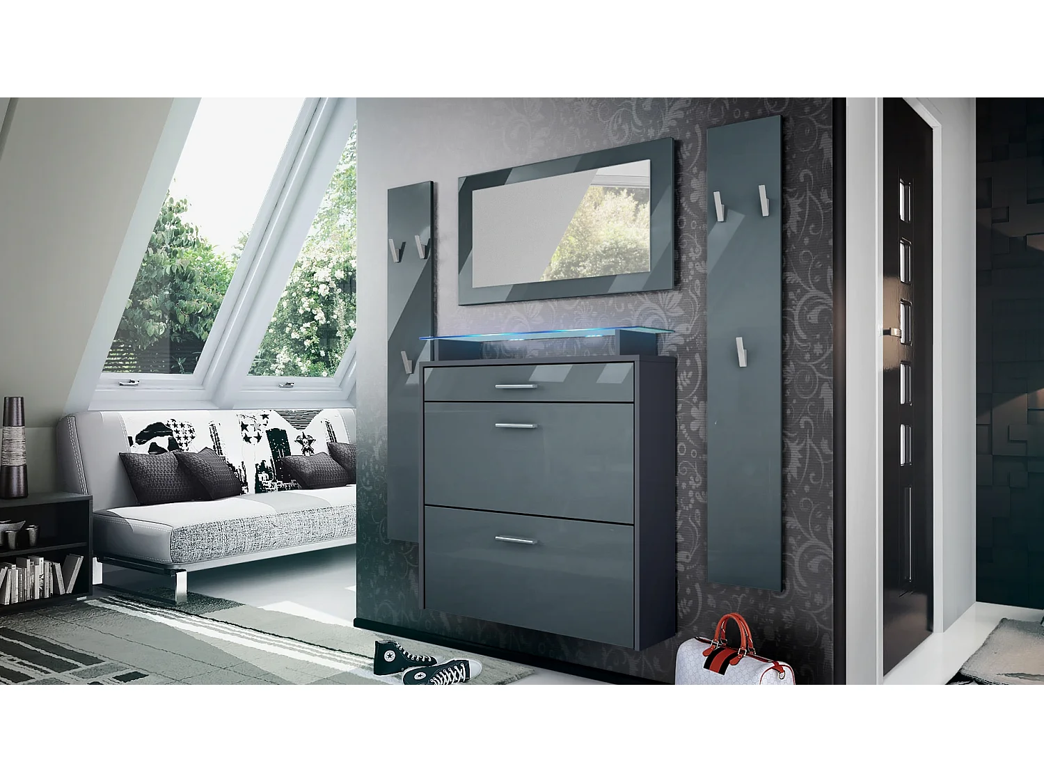 Penderie Malea, Meuble d’entrée comprenant 1 commode à chaussures murale, 1 miroir et 2 panneaux porte-manteaux, Anthracite mat/Gris brillant, LED RVB inclus