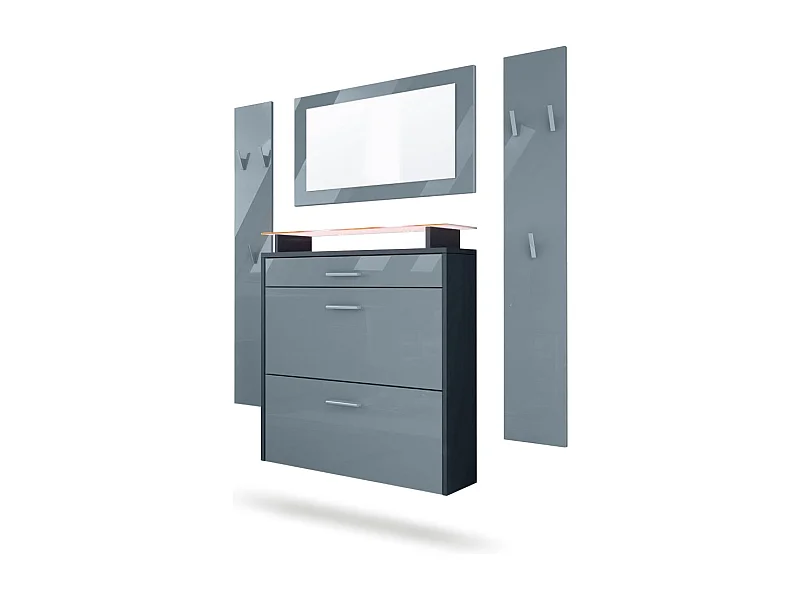 Malea Hallway Storage Set, Set da ingresso con 1 scarpiera a muro, 1 specchio a muro e 2 pannelli appendiabiti, antracite/ grigio lucido