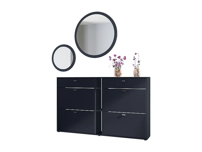 Ensemble de vestiaire Florence avec armoire à chaussures et 2 miroirs muraux, Fabriqué en ALLEMAGNE, noir mat/noir mat