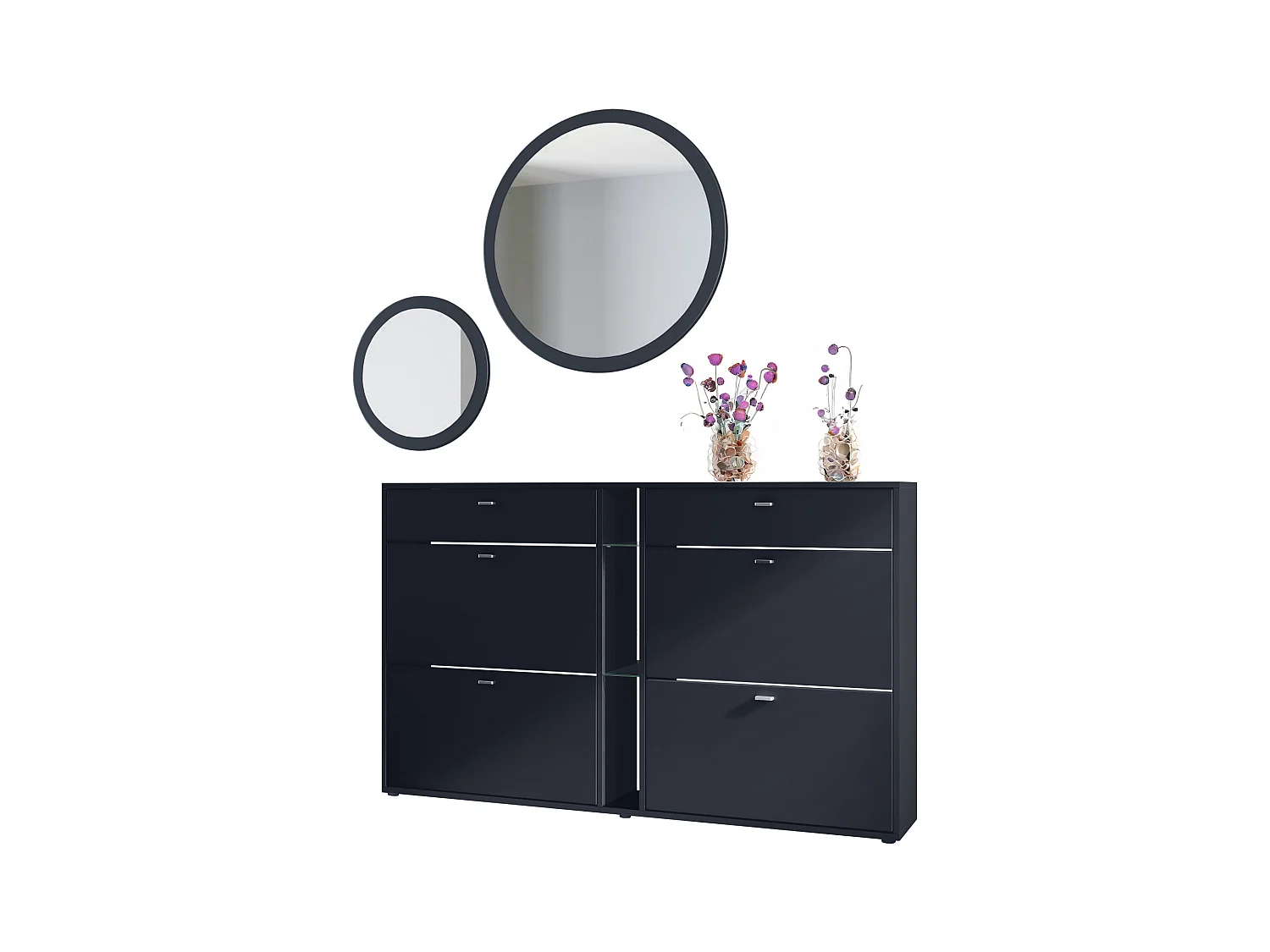 Ensemble de vestiaire Florence avec armoire à chaussures et 2 miroirs muraux, Fabriqué en ALLEMAGNE, noir mat/noir mat
