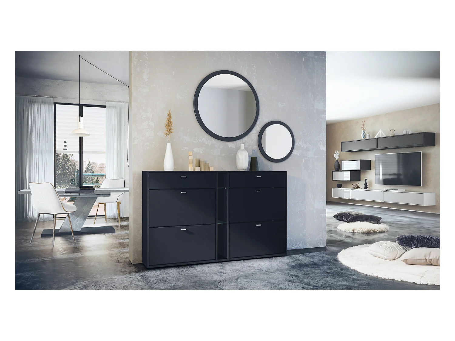 Ensemble de vestiaire Florence avec armoire à chaussures et 2 miroirs muraux, Fabriqué en ALLEMAGNE, noir mat/noir mat